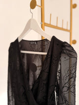 Kruvaze Yaka Bağlamalı Siyah Şifon Bluz