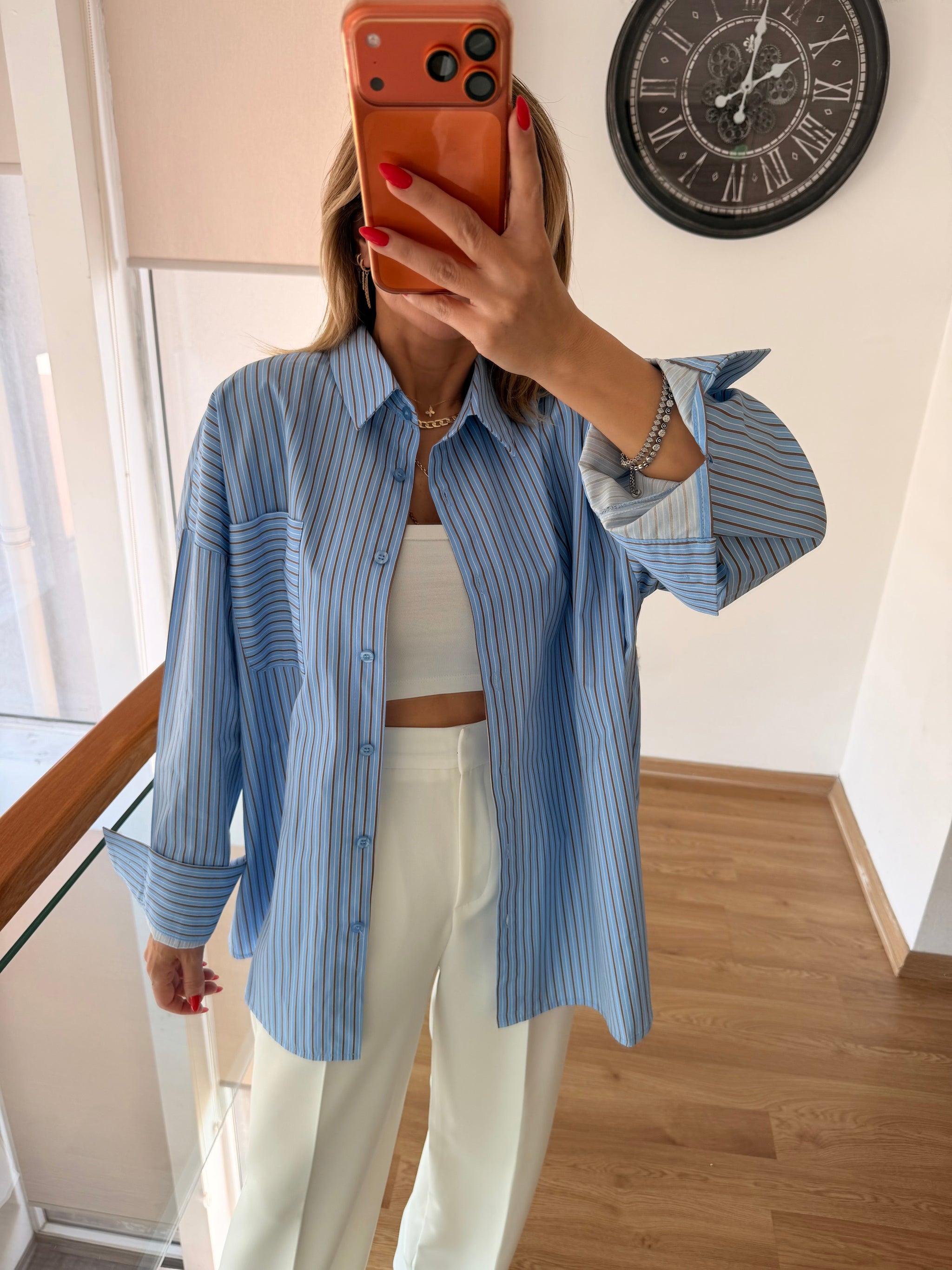 Mavi Çizgili Oversize Gömlek