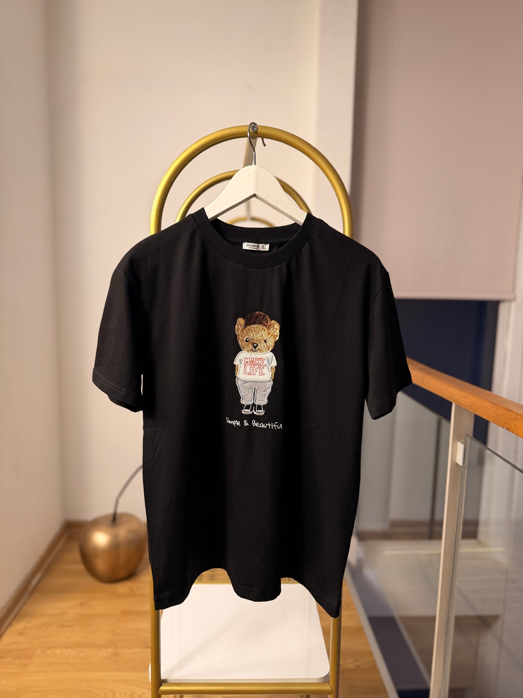 Make Life Bear İşlemeli Siyah Unisex Basic T-shirt