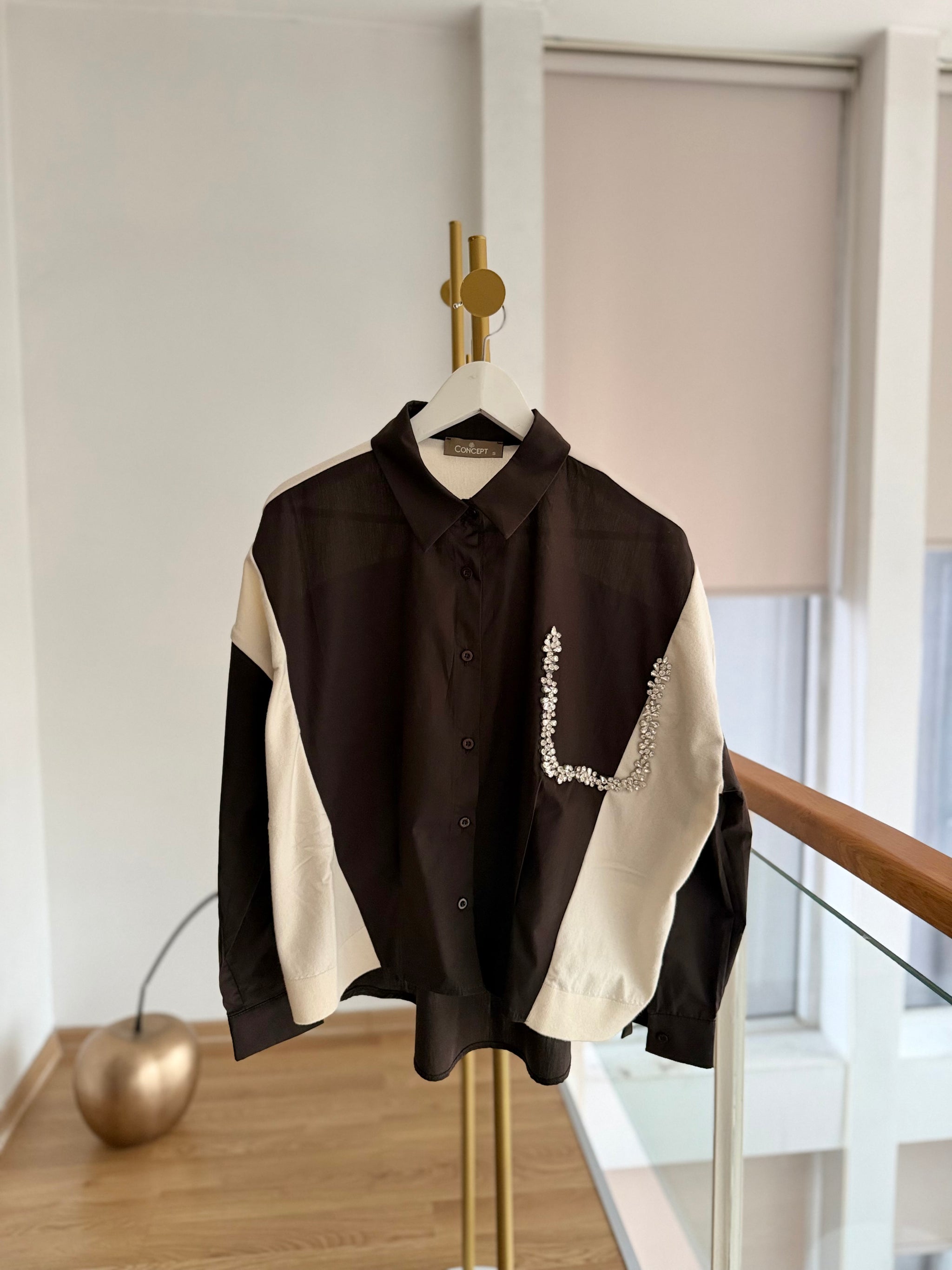 Taş Detaylı Premium Gömlek&Triko Ekru&Kahve