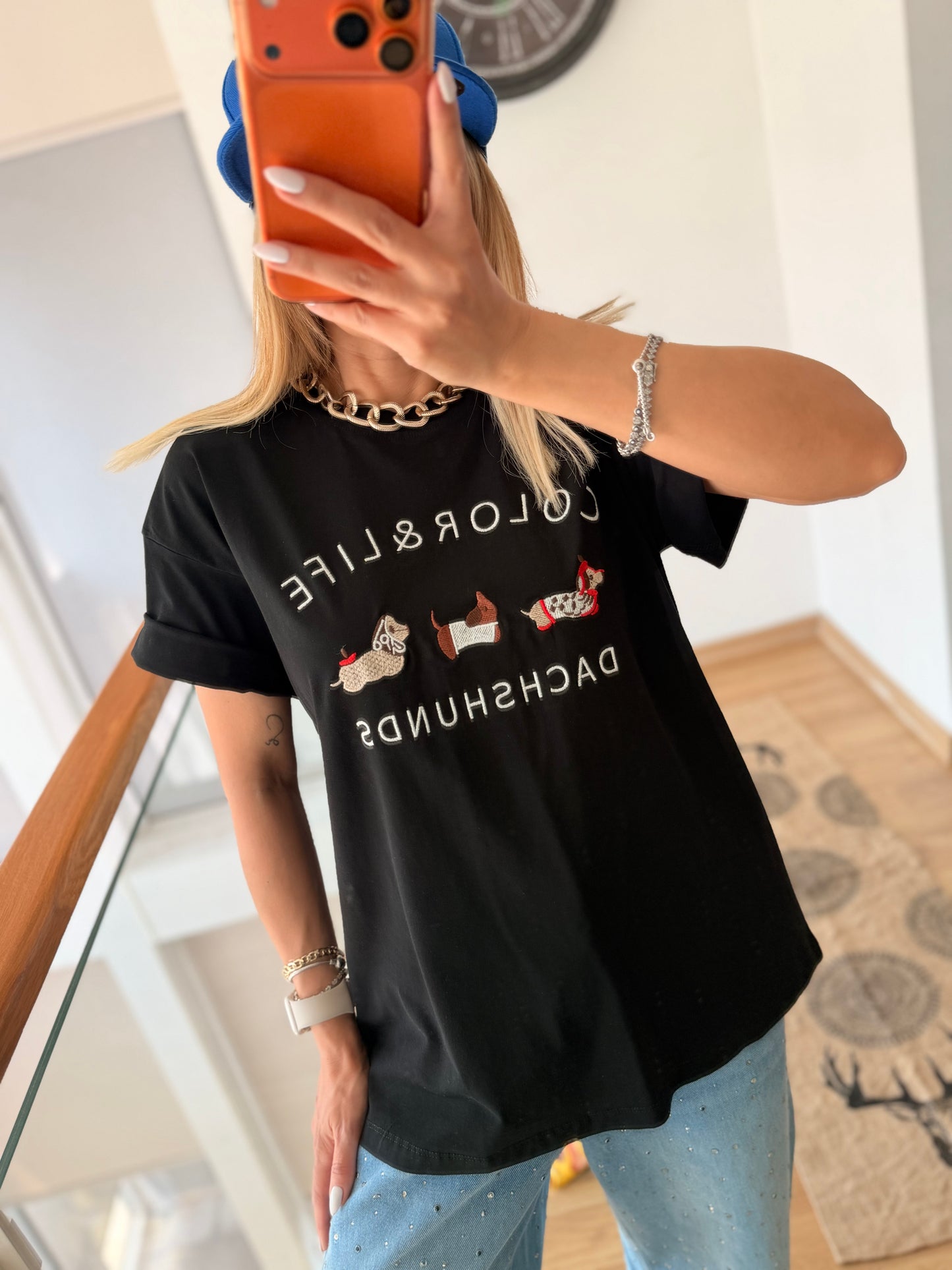Köpek Figürlü Siyah Oversize Tshirt Color&Life