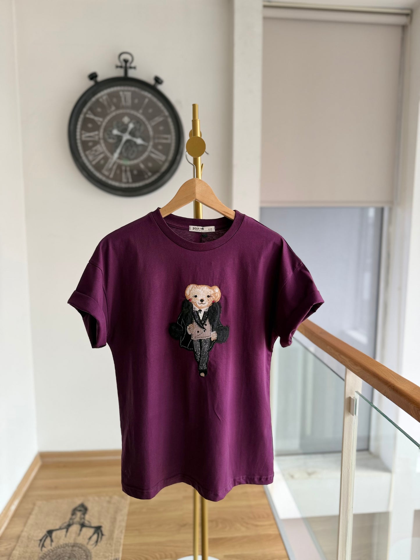 Kürklü Cool Bear Pastel Mürdüm Tshirt