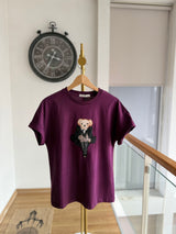 Kürklü Cool Bear Pastel Mürdüm Tshirt