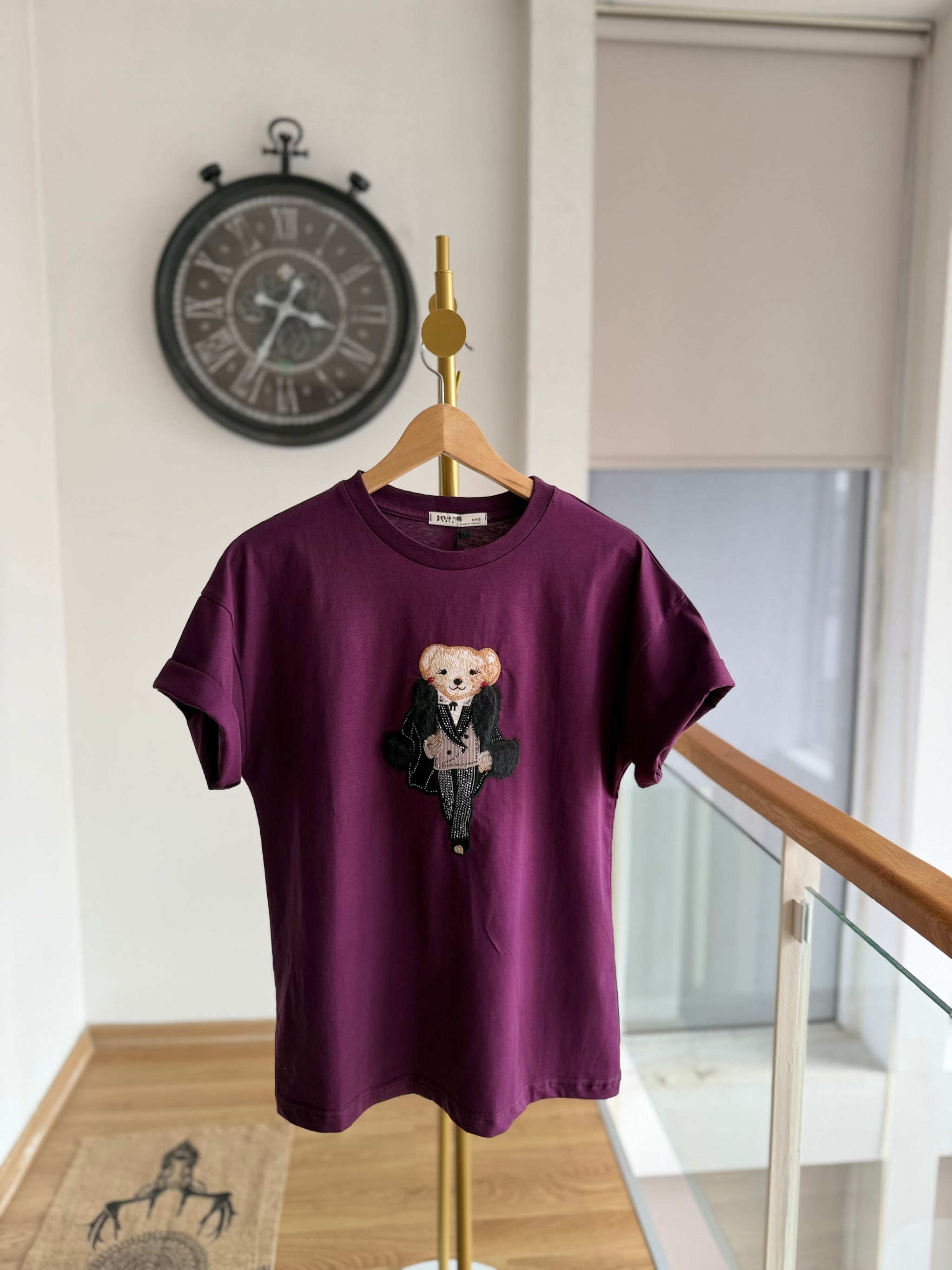 Kürklü Cool Bear Pastel Mürdüm Tshirt