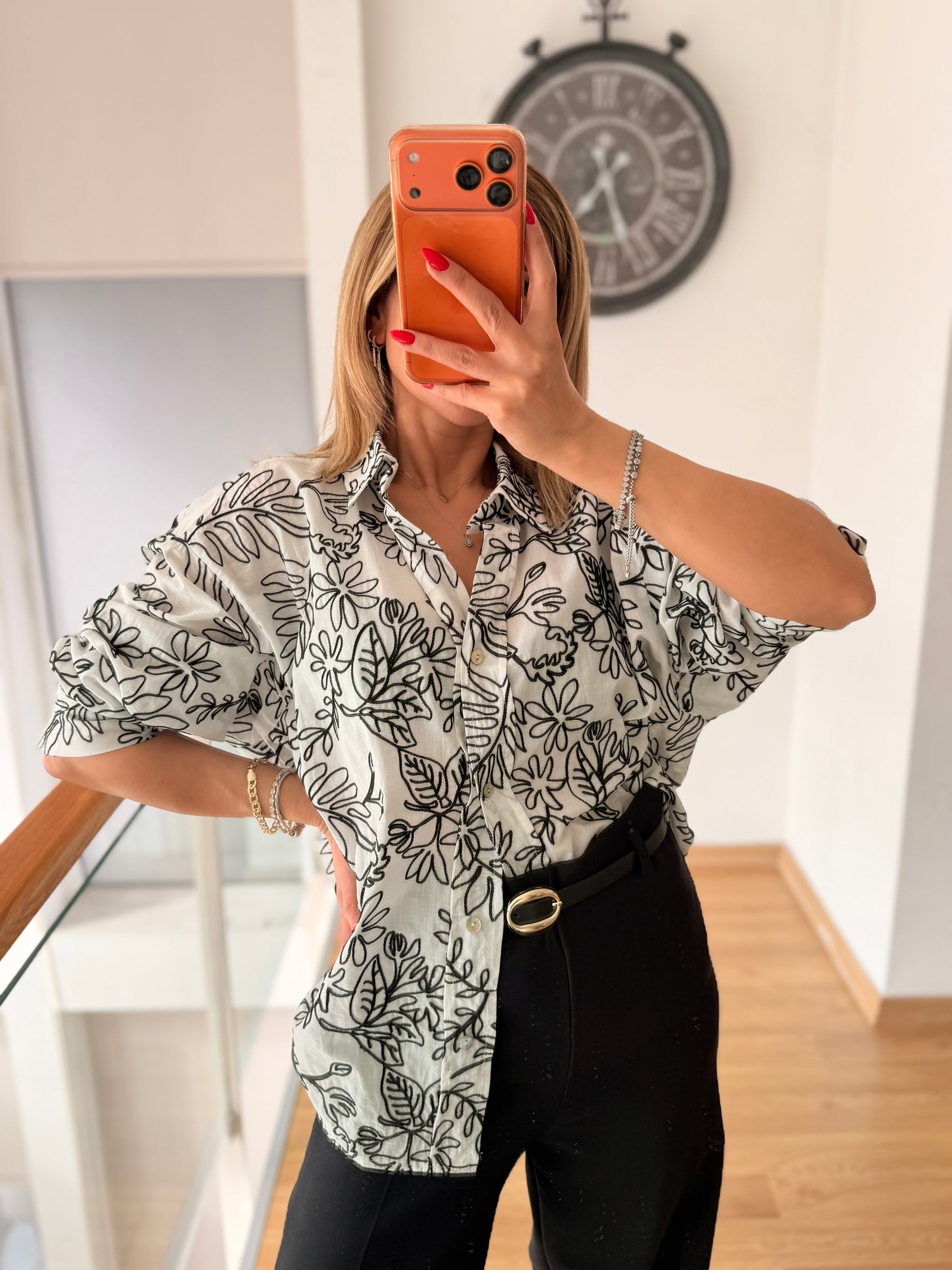 Nakışlı Keten Oversize Gömlek