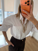 Cep İşlemeli Oversize Beyaz Gömlek