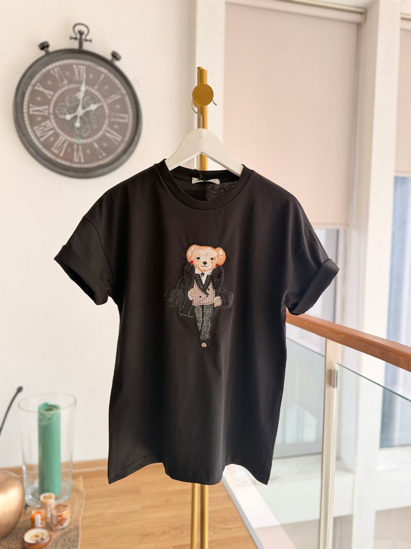 Kürklü Cool Bear Siyah Tshirt