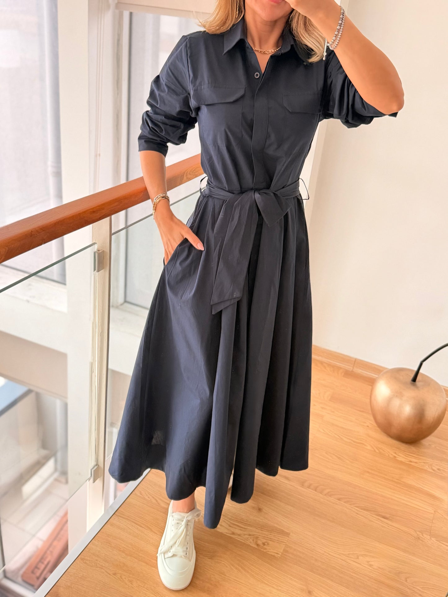 Lacivert Cepli Uzun Elbise