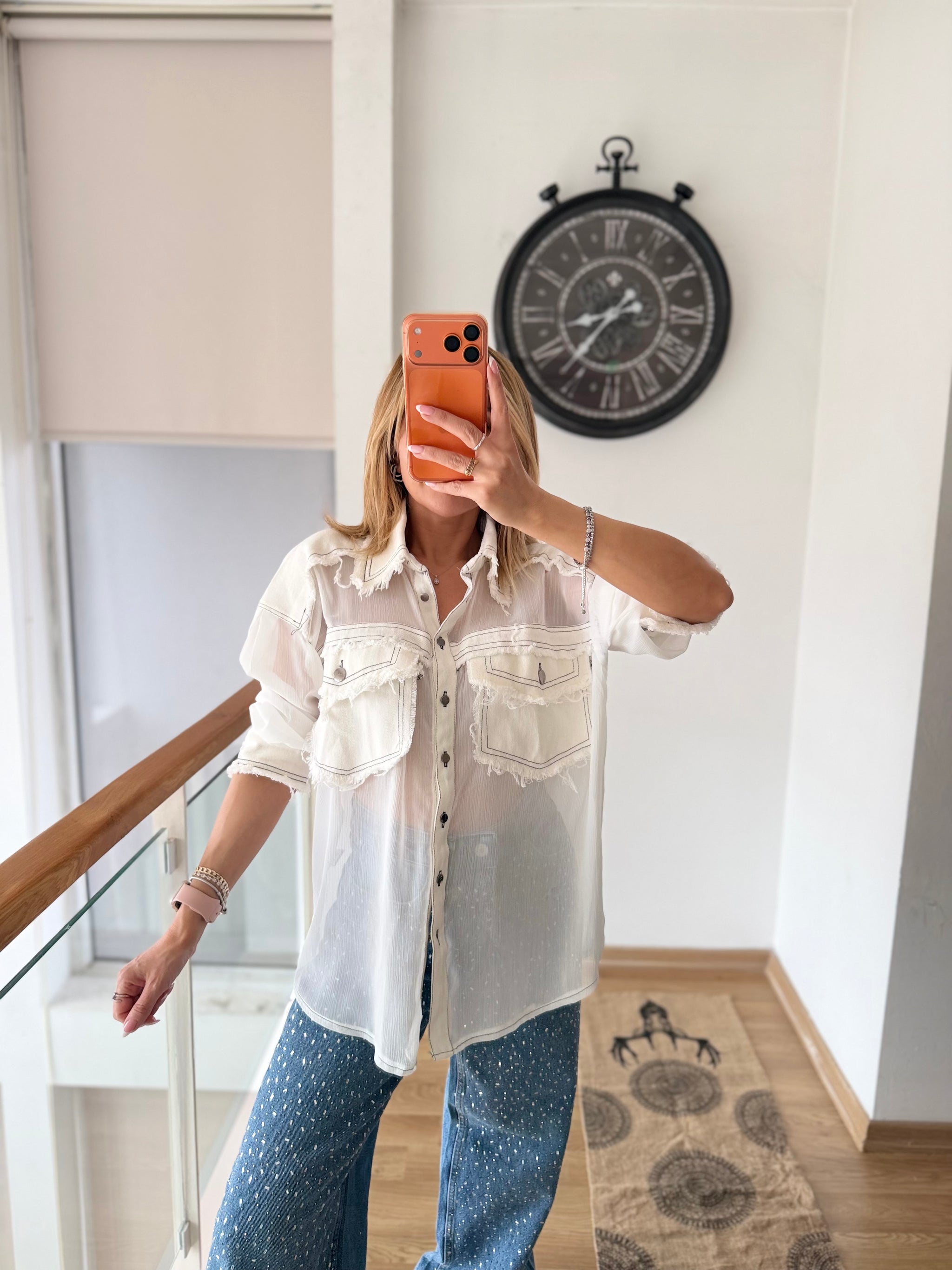 Şifon&Denim Eskitme Tasarım Gömlek