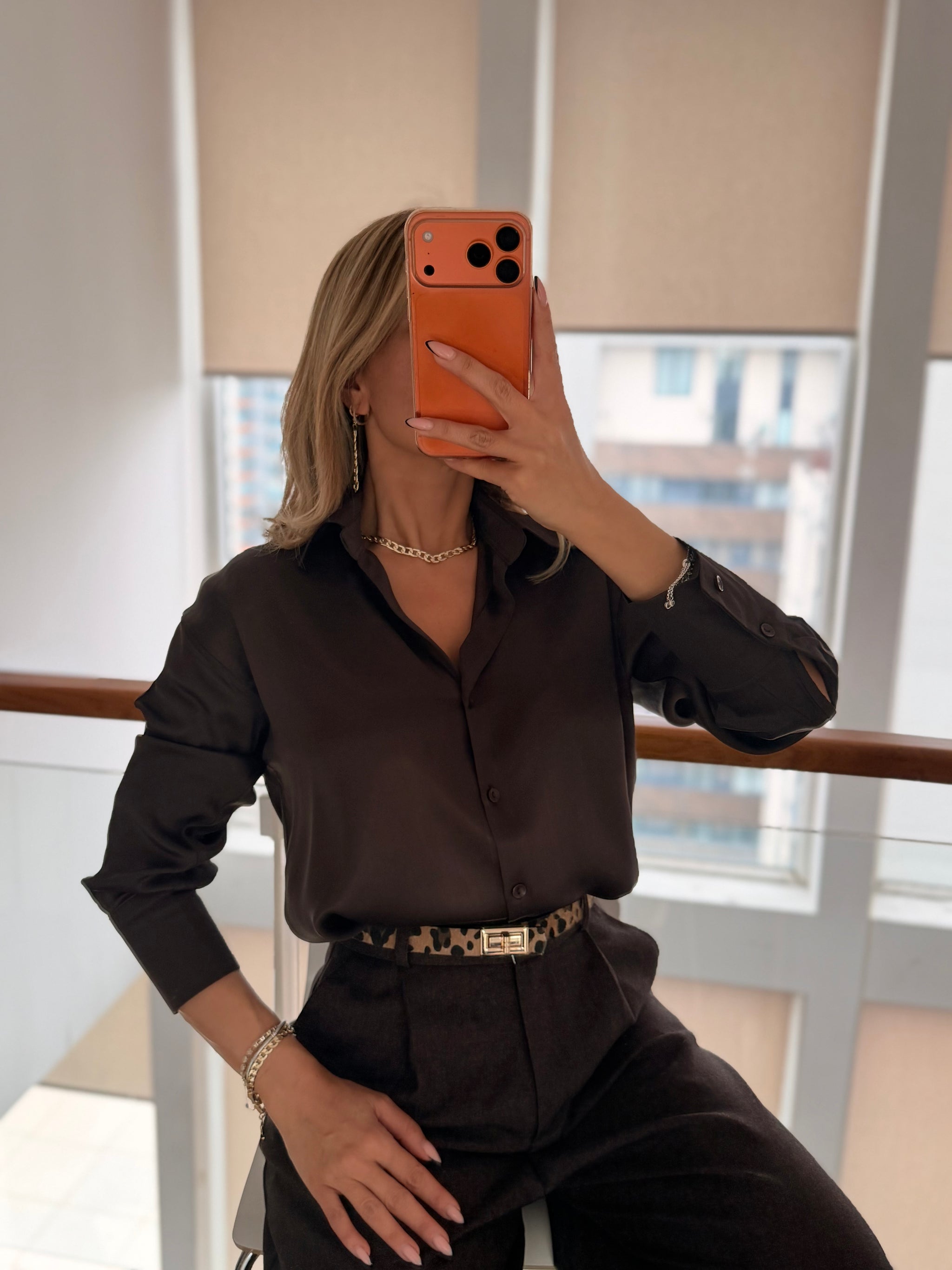 Acı Kahve Dökümlü Pamuk Saten Gömlek