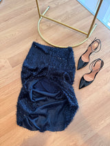 Payetli Uzun Yırtmaçlı Dar Lacivert Etek