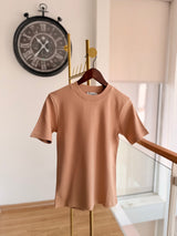 Bisiklet Yaka Sütlü Kahve Kısa Kollu Tshirt