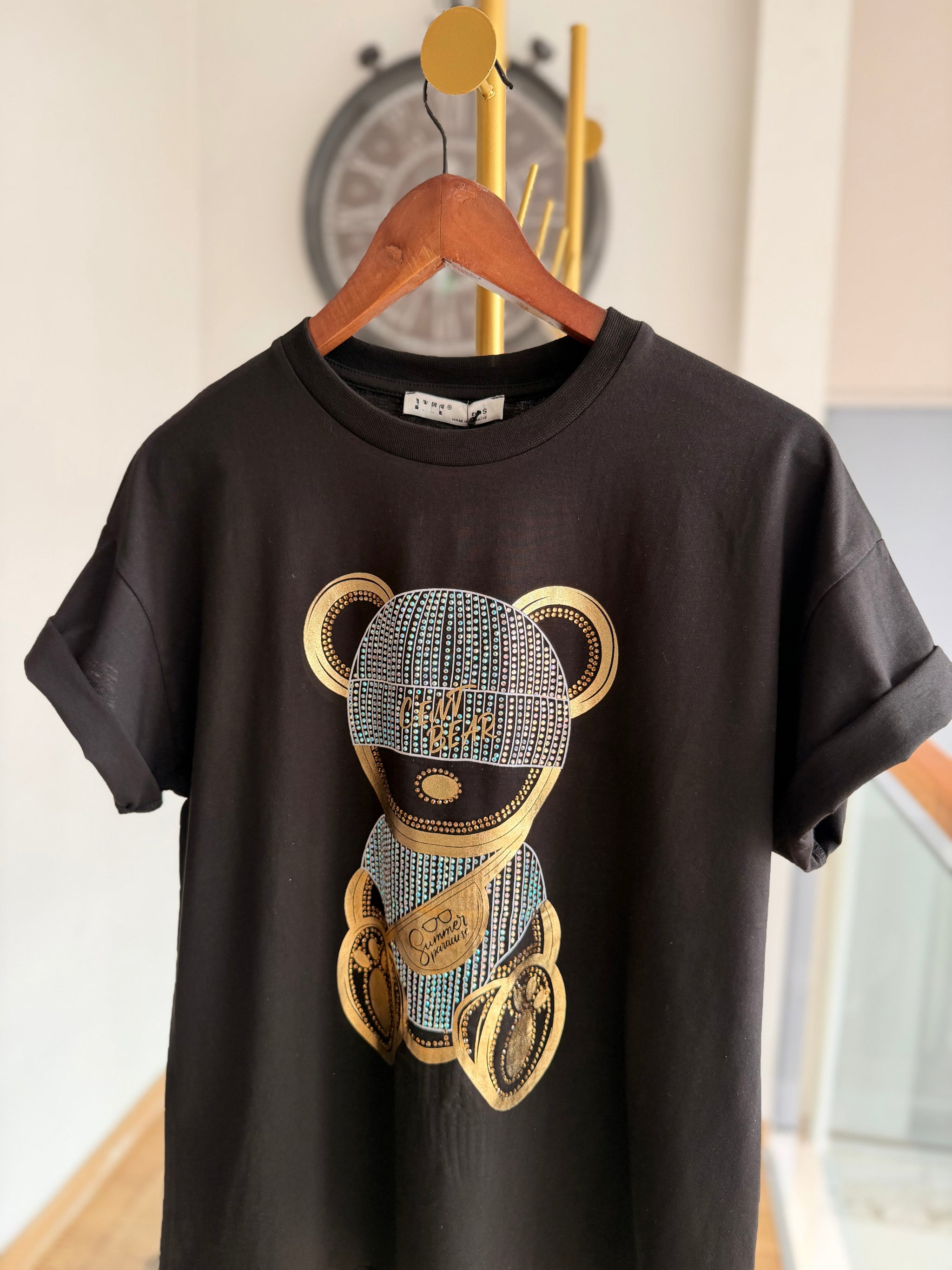Shiny Bear %100 Cotton Siyah Tshirt