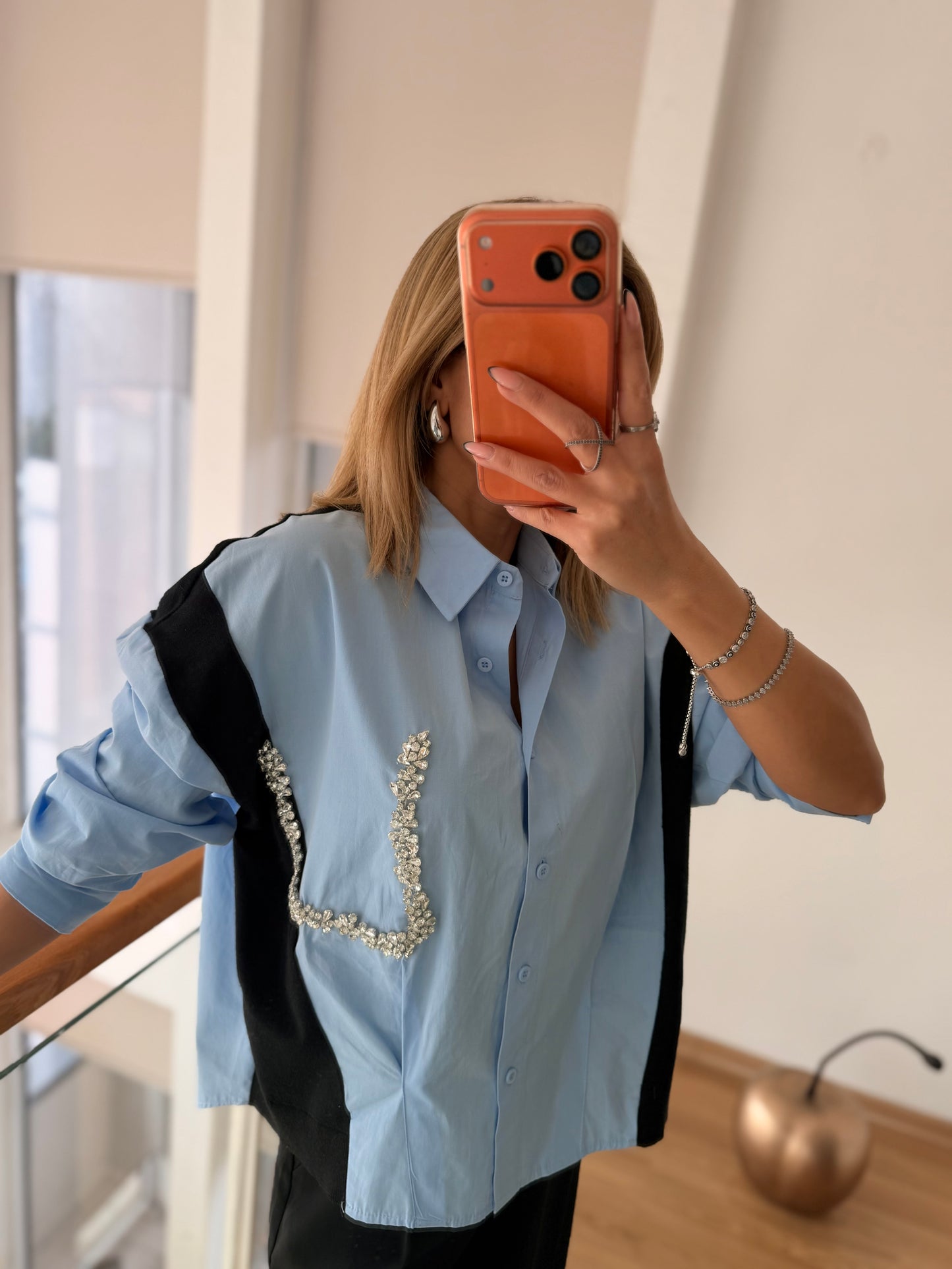 Taş Detaylı Premium Gömlek&Triko Bebe Mavi&Siyah