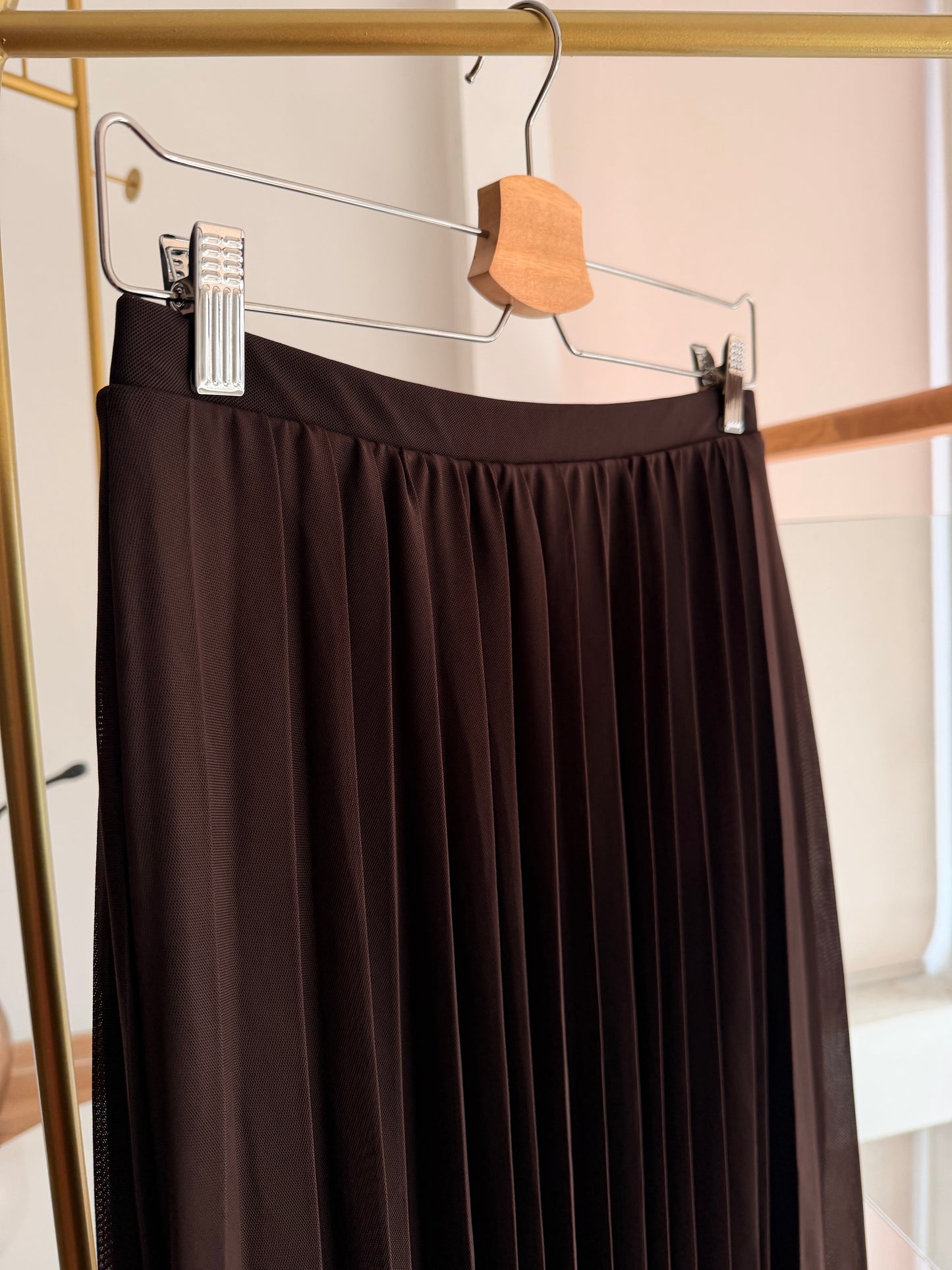 Acı Kahve Şifon Tül Uzun Pileli Etek