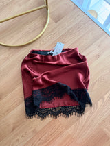 Saten Mürdüm Mini Etek Dantel Detaylı