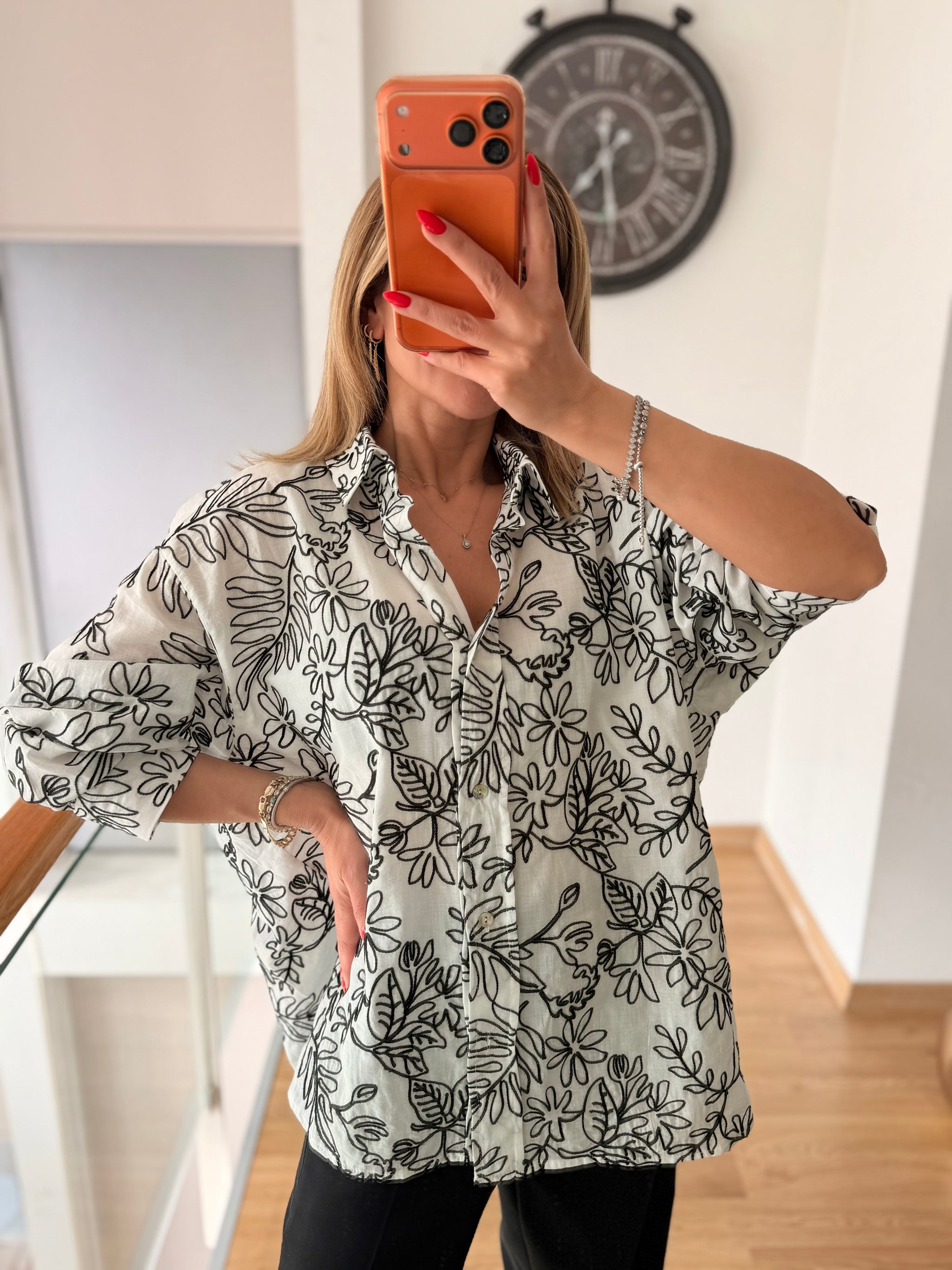 Nakışlı Keten Oversize Gömlek