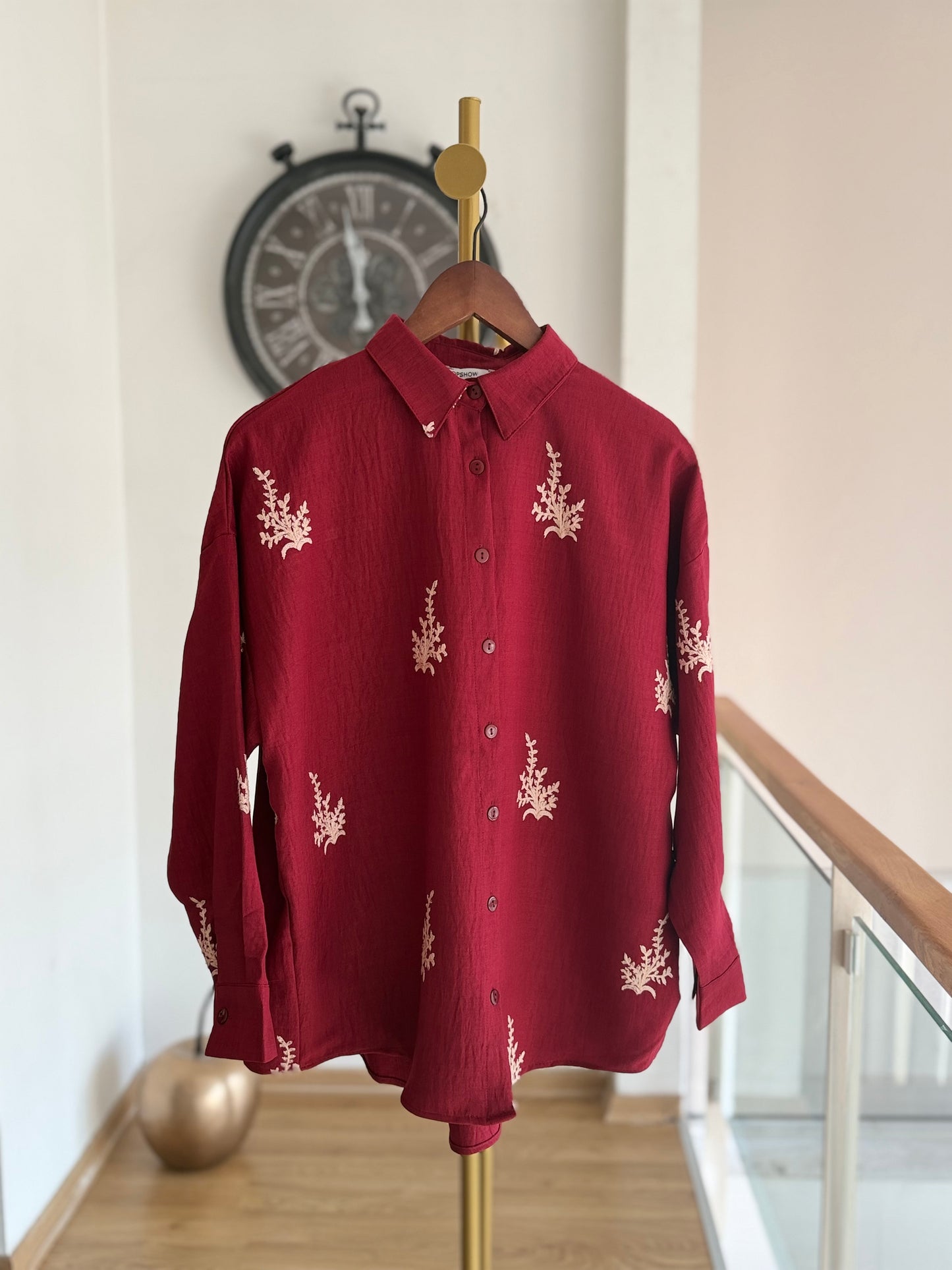 Bordo Nakış İşlemeli Oversize Gömlek