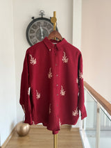 Bordo Nakış İşlemeli Oversize Gömlek