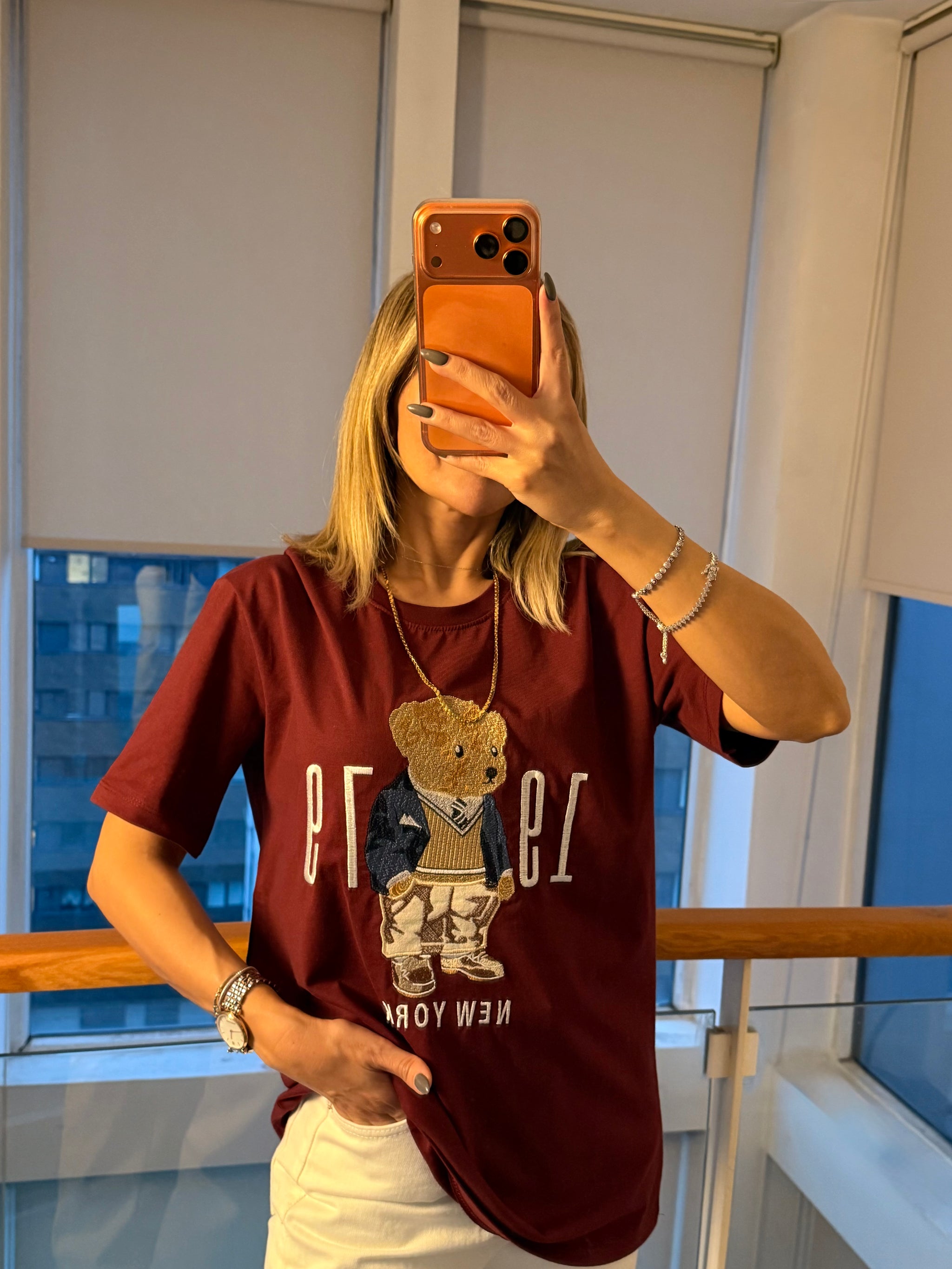 New York Bear İşlemeli Bordo Unisex T-shirt