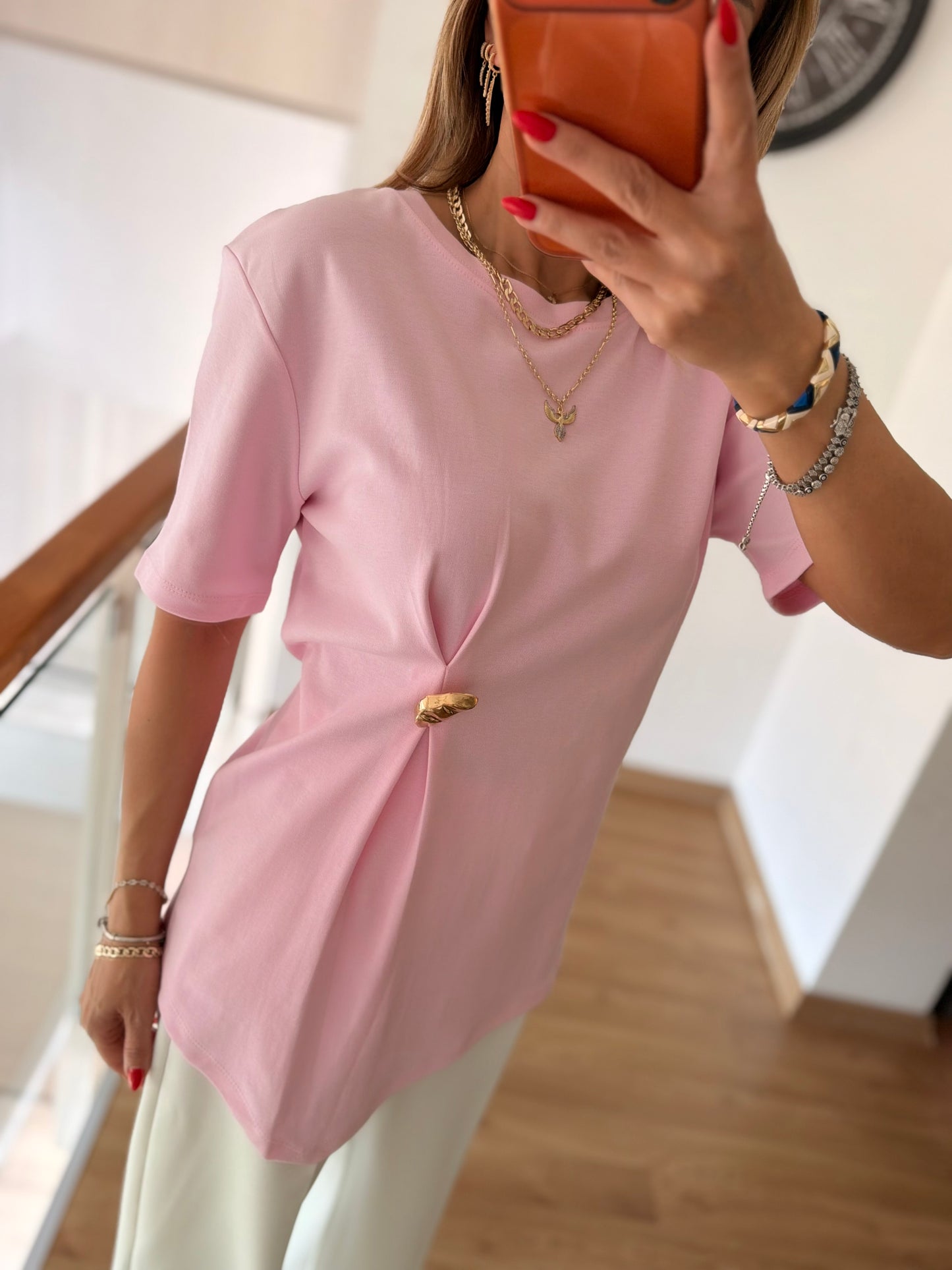 Pembe %100 Pamuk Gold Tokalı Tshirt
