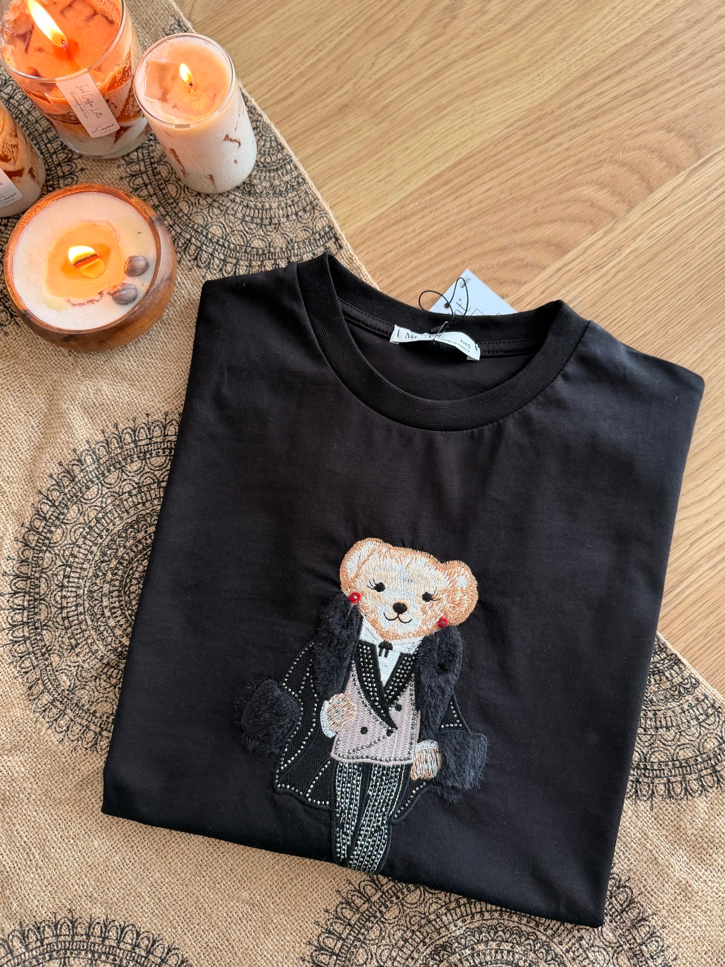 Kürklü Cool Bear Siyah Tshirt