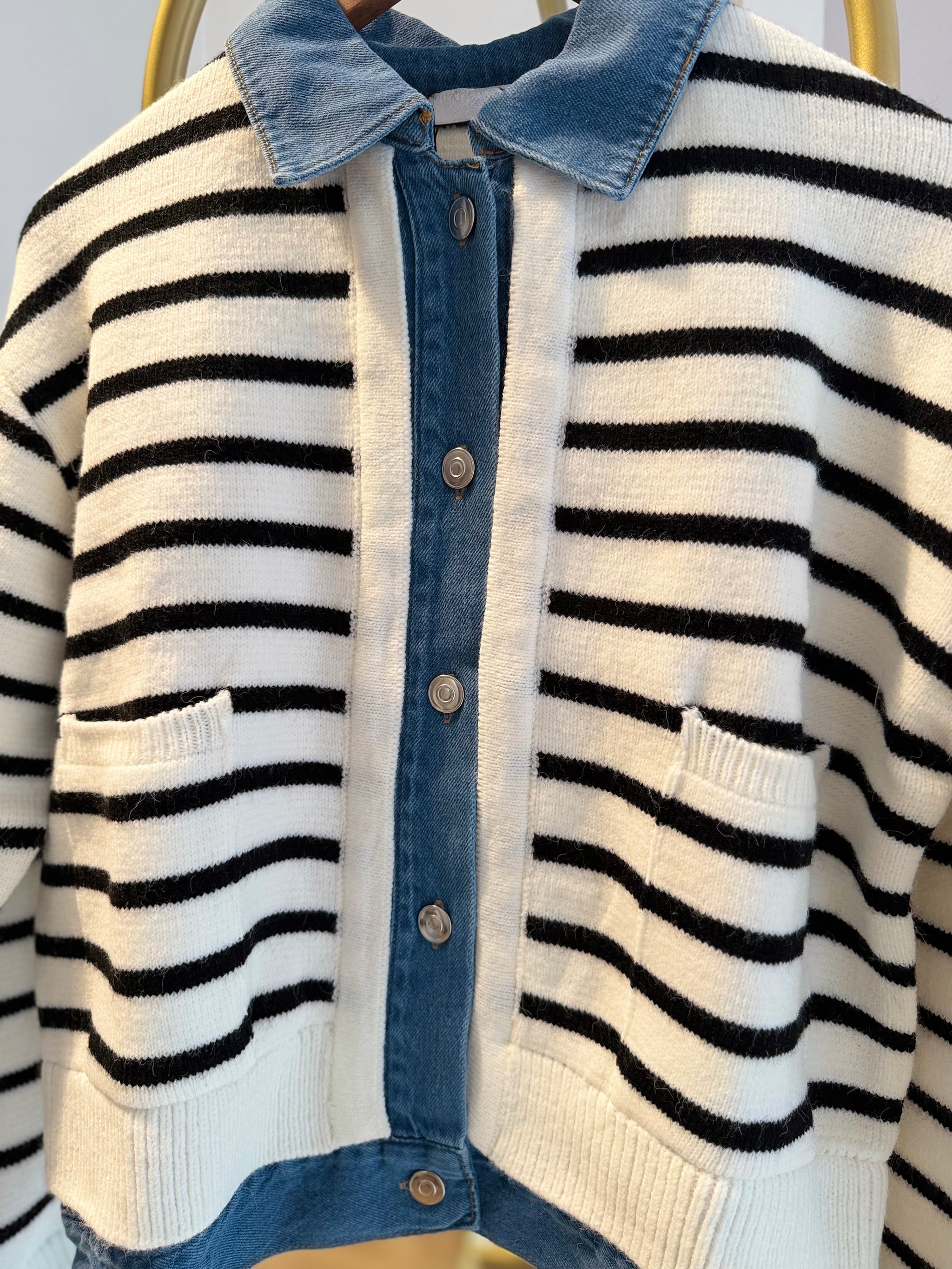 Denim Triko Çizgili Kalın Hırka