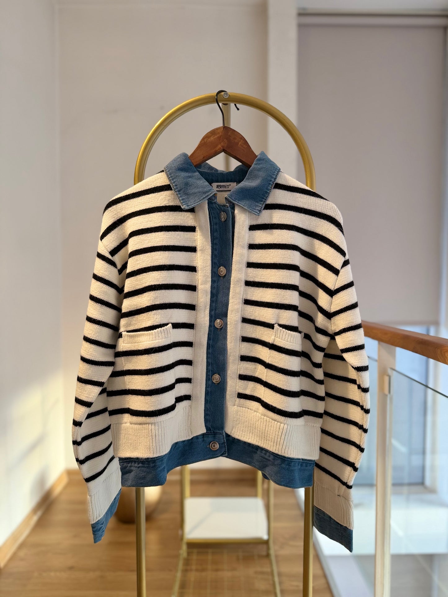 Denim Triko Çizgili Kalın Hırka