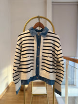 Denim Triko Çizgili Kalın Hırka