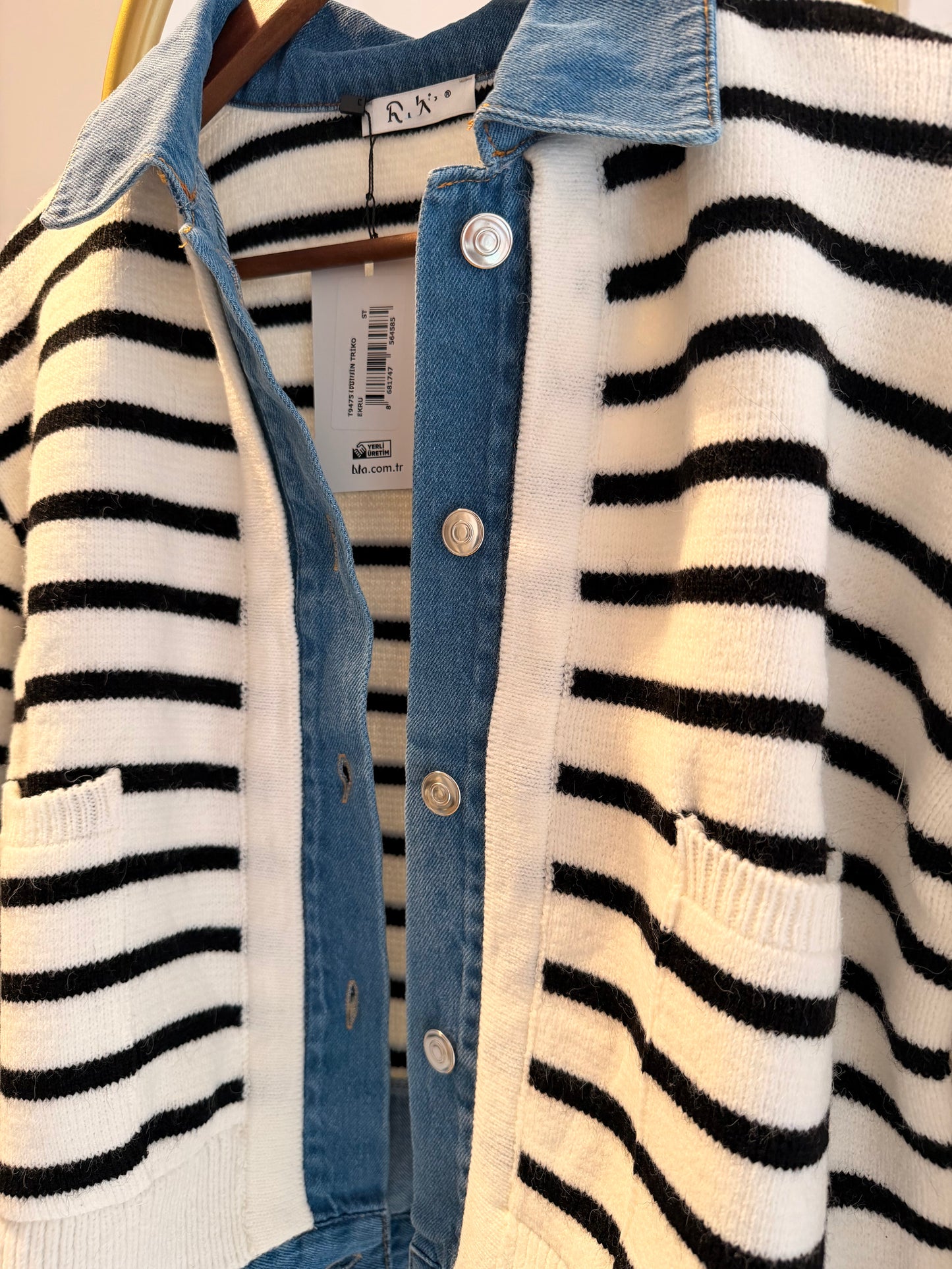 Denim Triko Çizgili Kalın Hırka