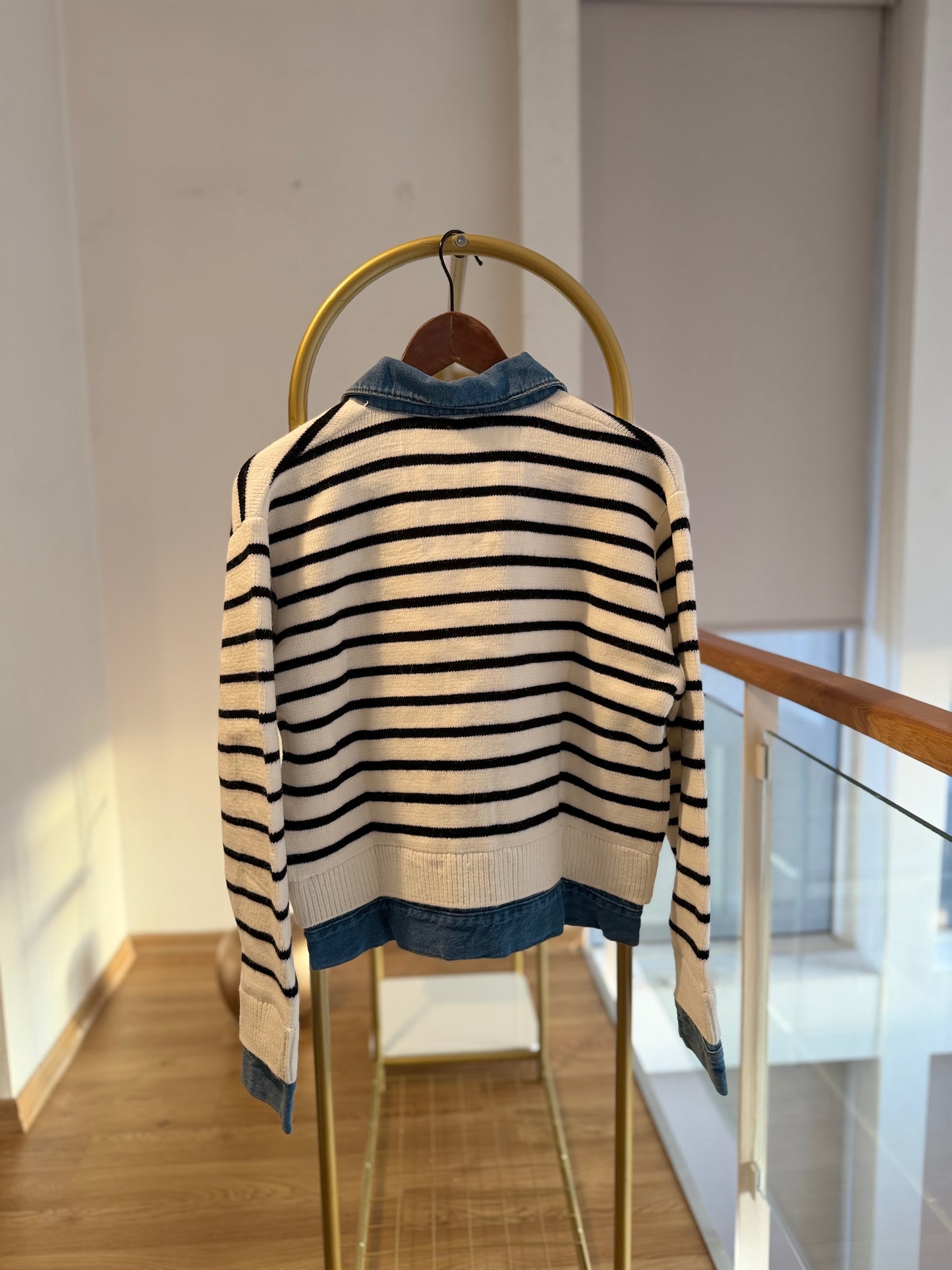 Denim Triko Çizgili Kalın Hırka