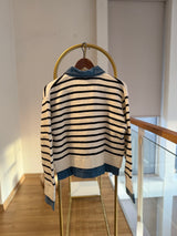 Denim Triko Çizgili Kalın Hırka