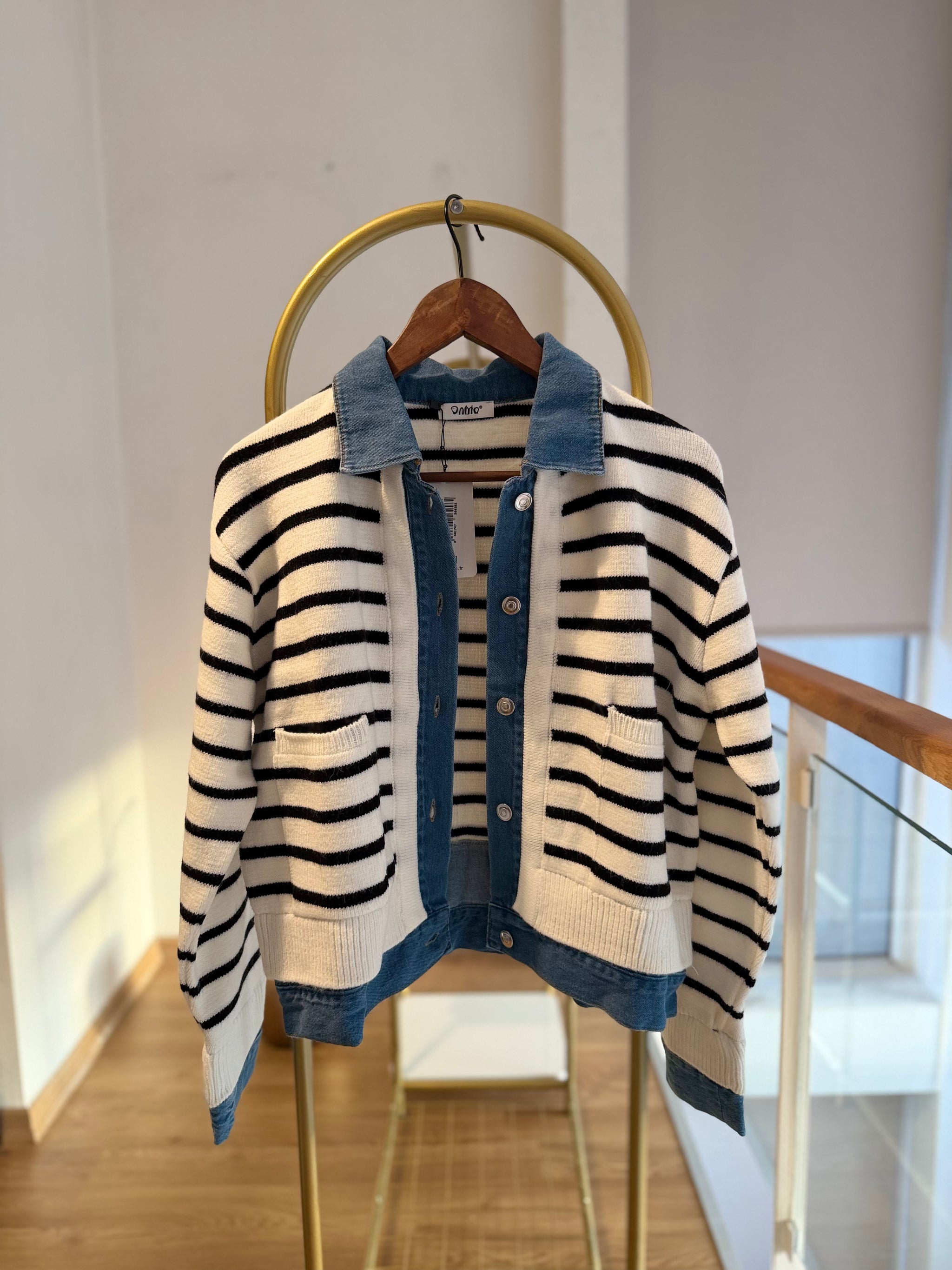 Denim Triko Çizgili Kalın Hırka