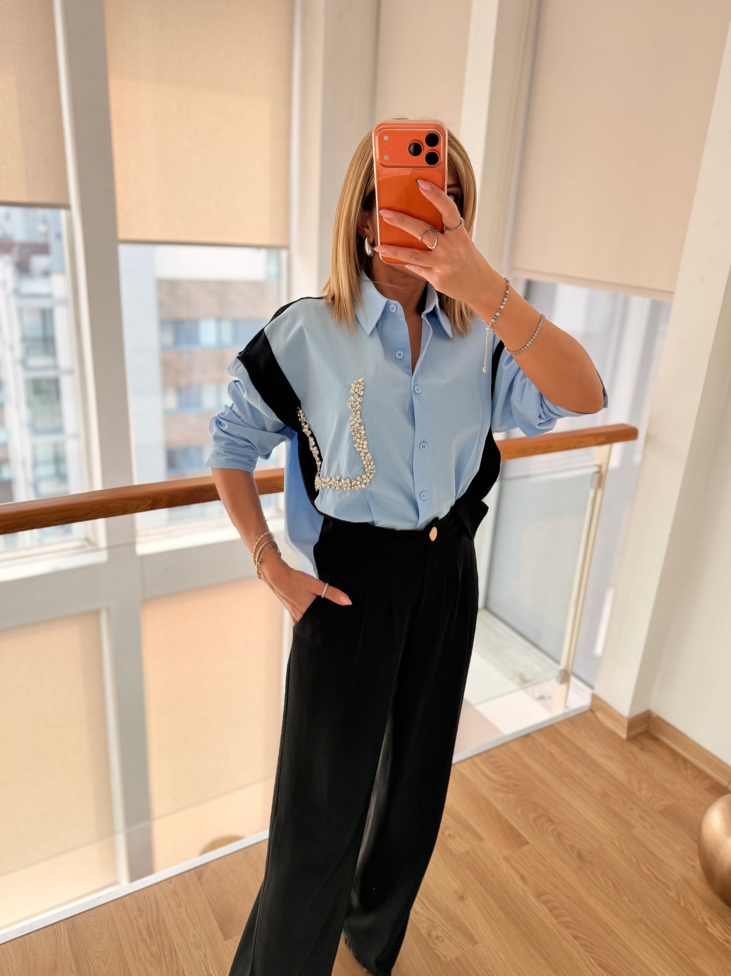 Taş Detaylı Premium Gömlek&Triko Bebe Mavi&Siyah