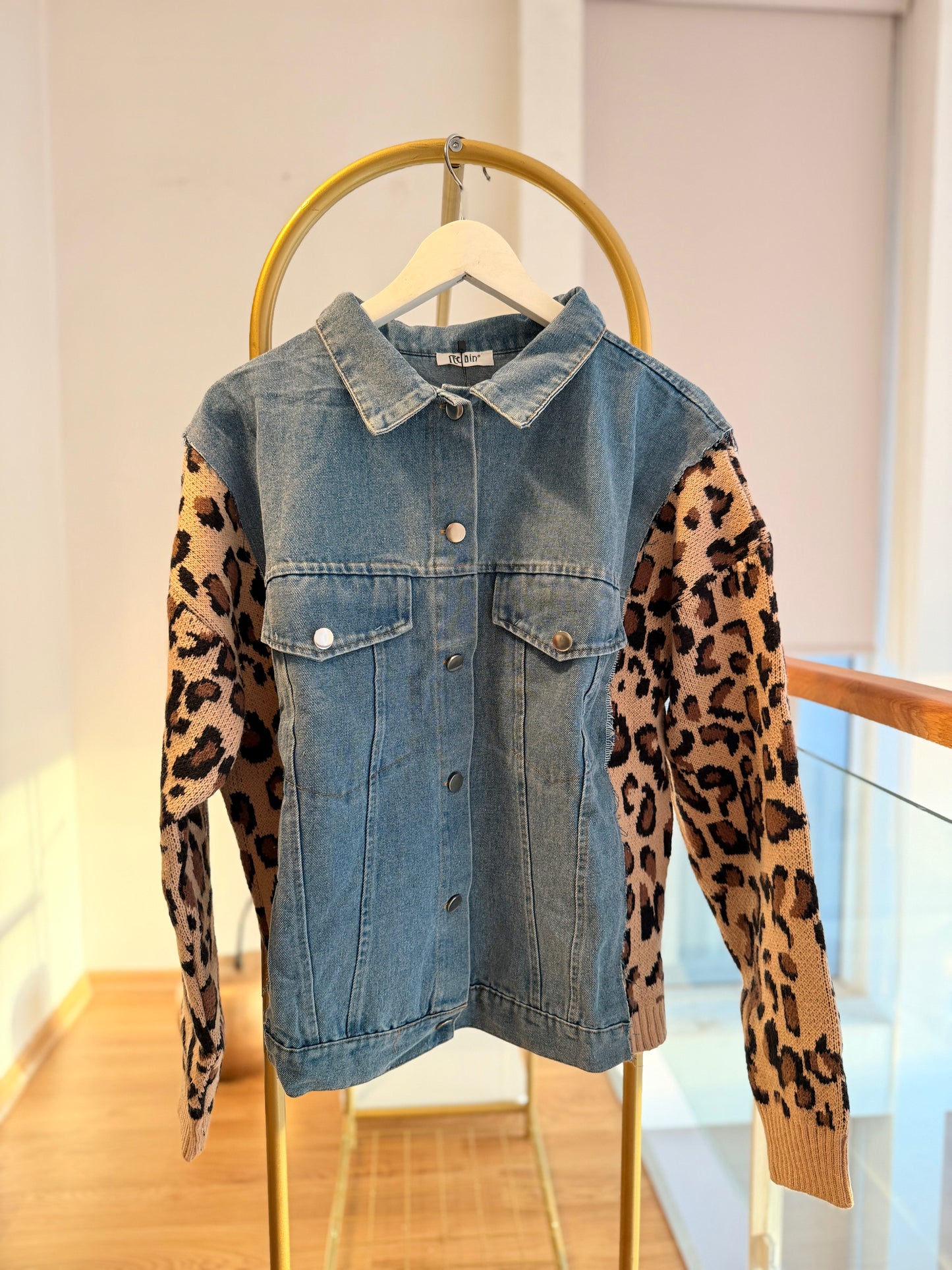 Denim Leopar Kadın Triko Hırka