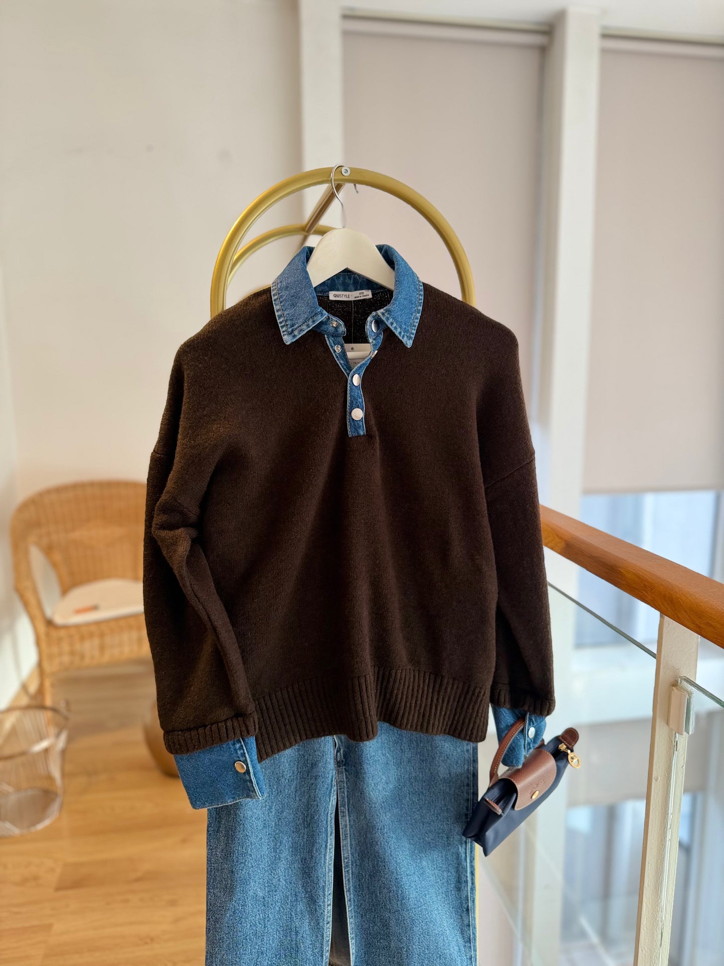 Denim Yaka & Kol Acı Kahve Triko Kazak