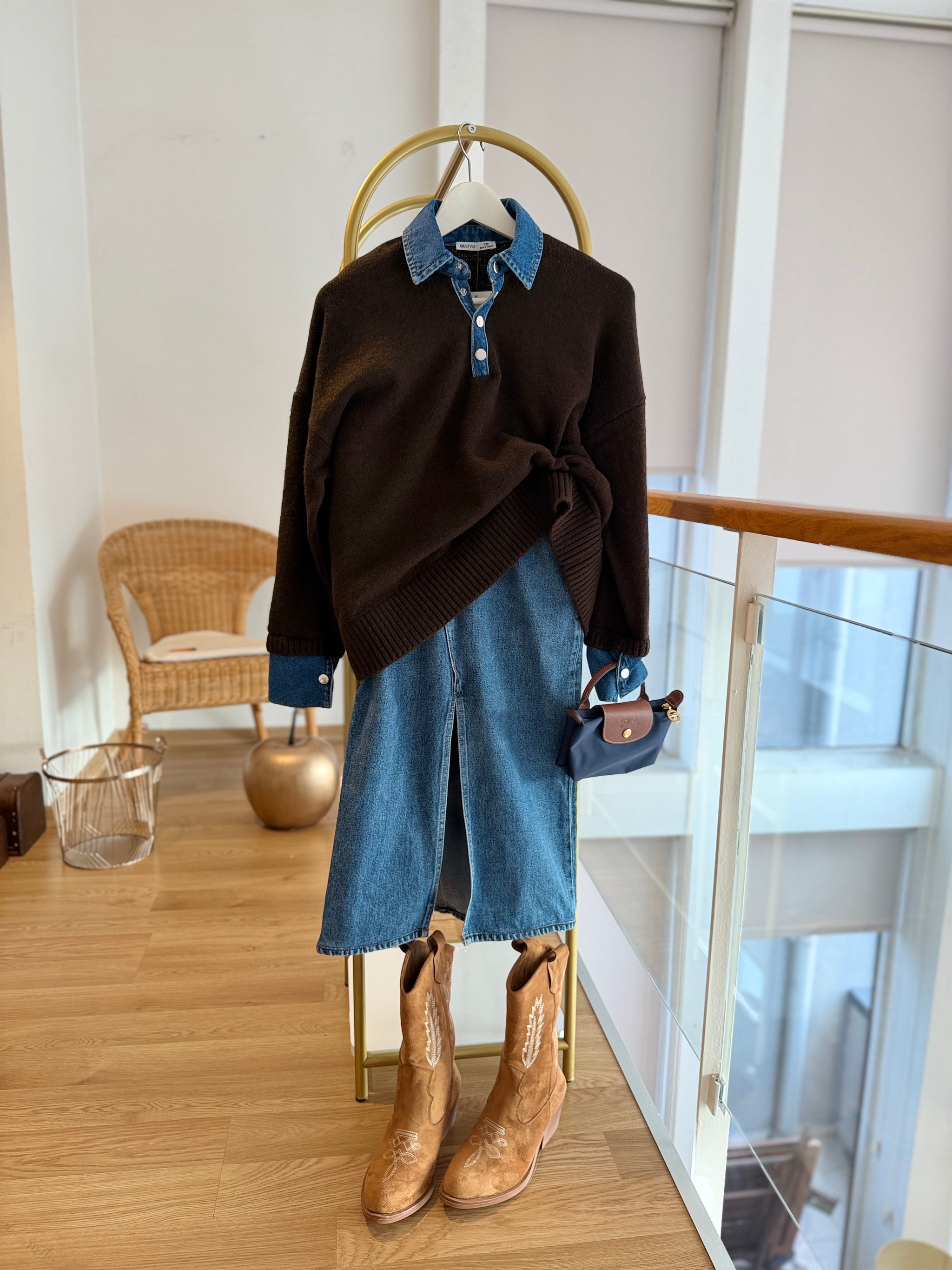 Denim Yaka & Kol Acı Kahve Triko Kazak