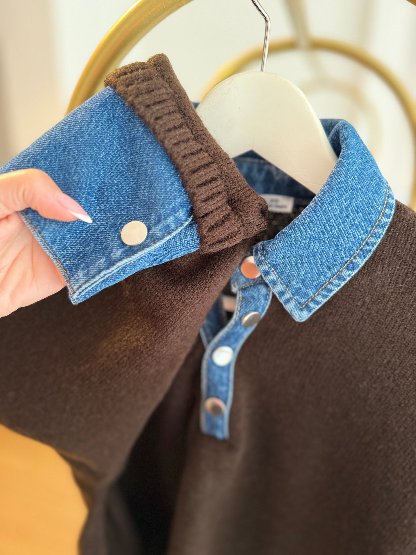 Denim Yaka & Kol Acı Kahve Triko Kazak