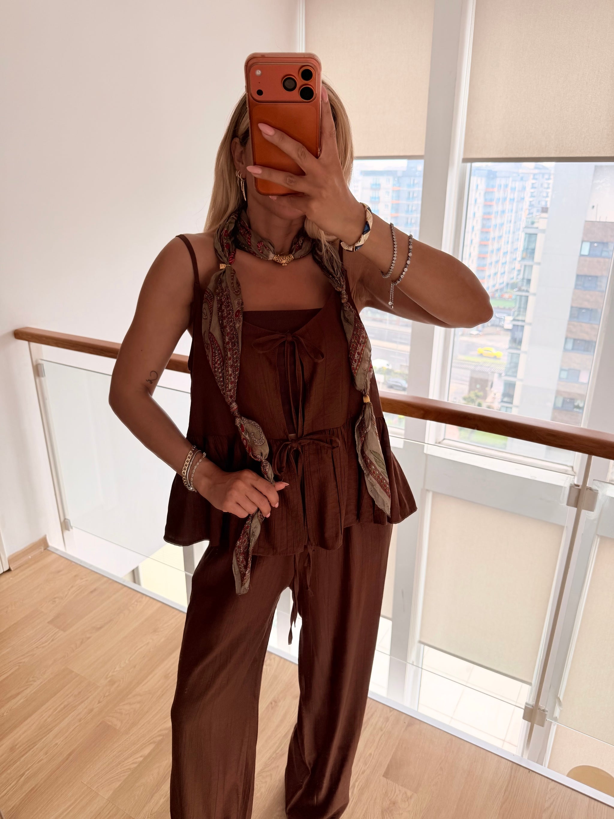 Premium Keten Kahve Takım