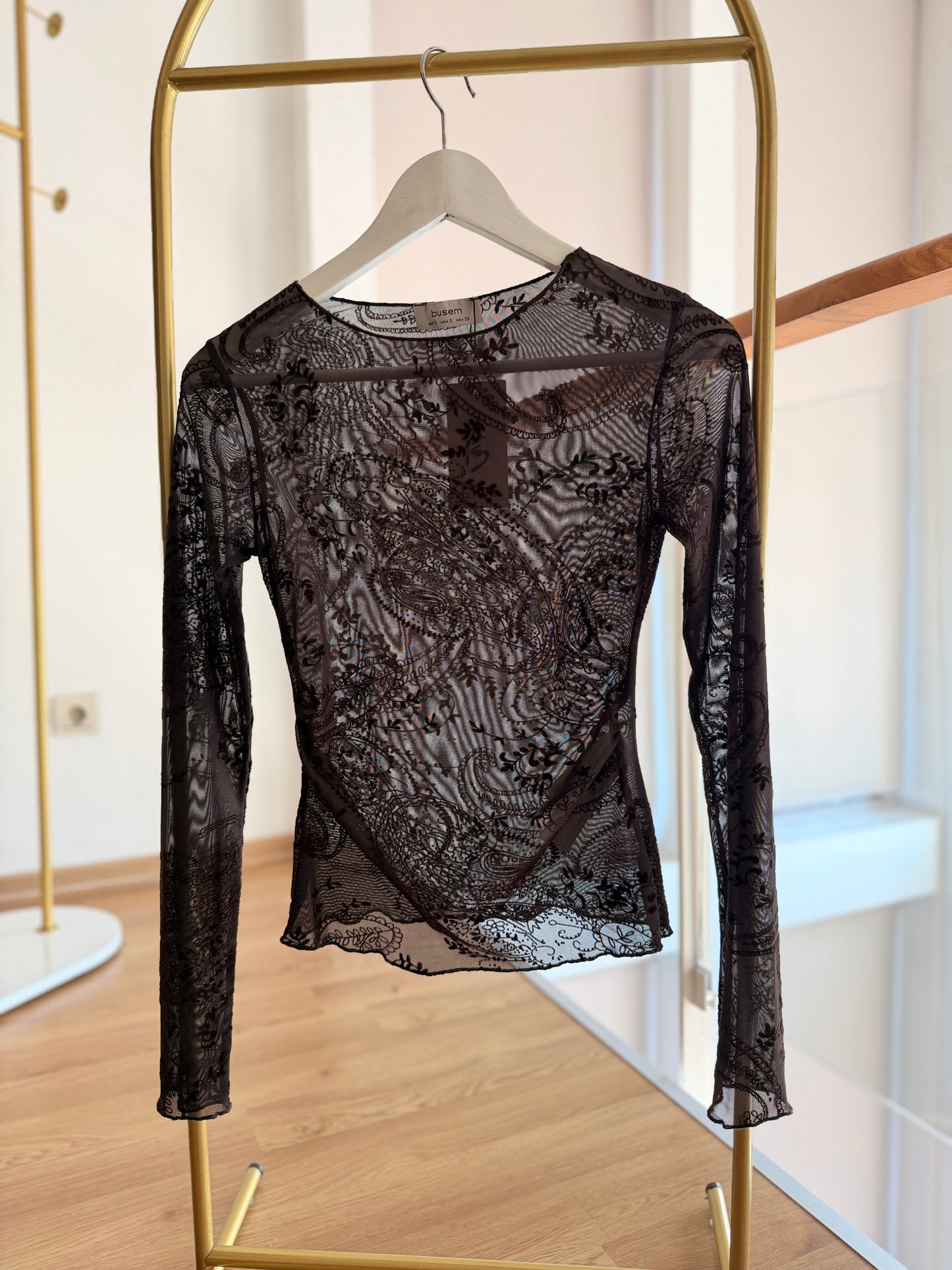 Acı Kahve Tül Desenli Şifon Bluz