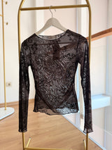 Acı Kahve Tül Desenli Şifon Bluz