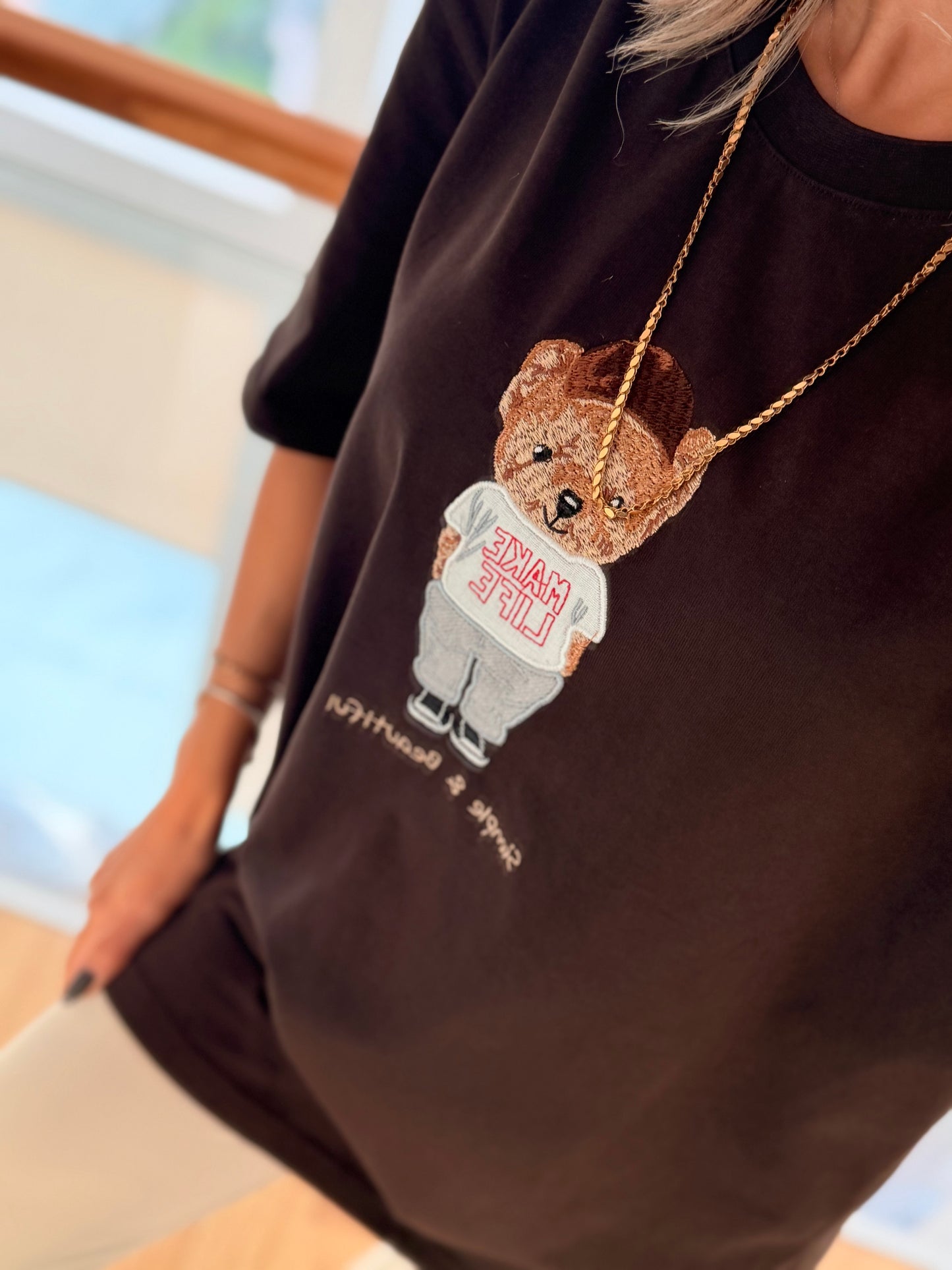 Make Life Bear İşlemeli Acı Kahve Unisex Basic T-shirt