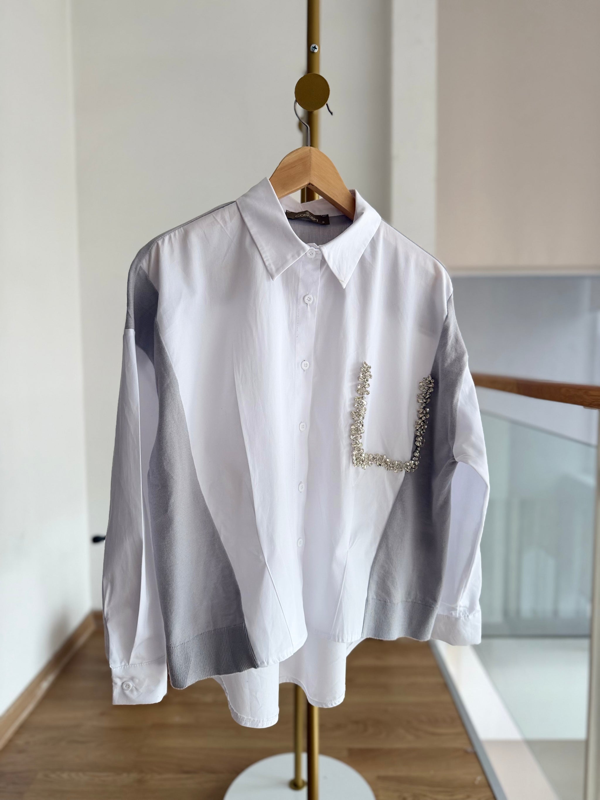 Taş Detaylı Premium Gömlek&Triko Beyaz&Gri
