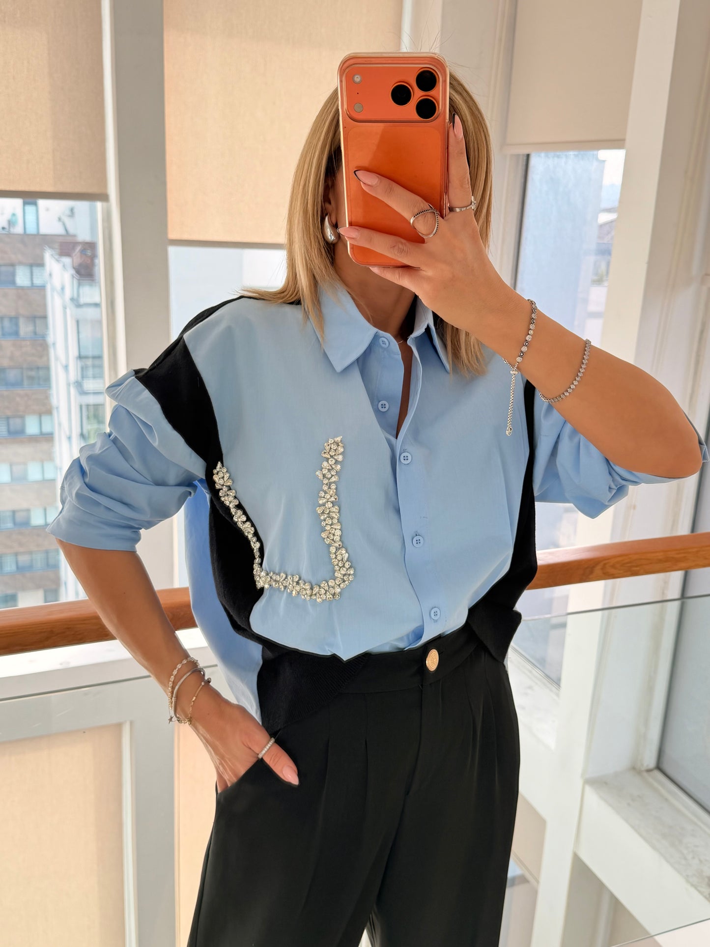 Taş Detaylı Premium Gömlek&Triko Bebe Mavi&Siyah