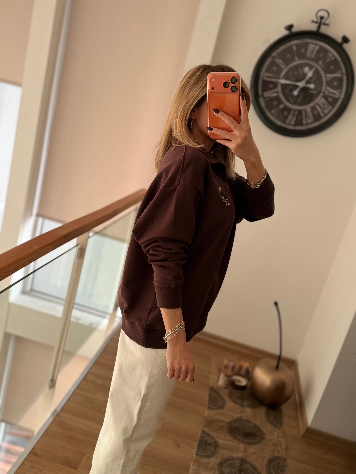 Acı Kahve Polo Yaka Teddy Bear Sweatshirt