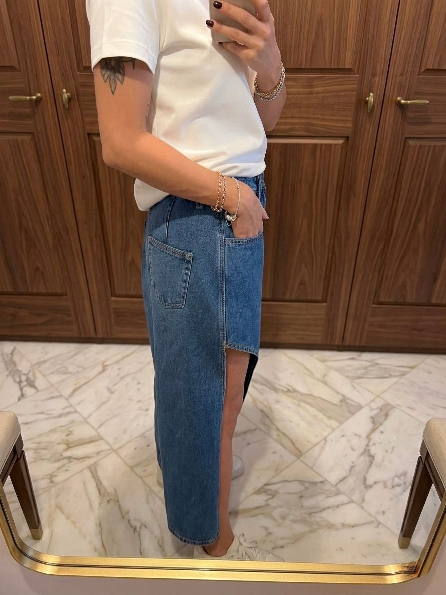 Yan Yırtmaçlı Jean Uzun Etek