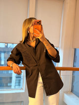 Cep İşlemeli Oversize Acı Kahve Gömlek