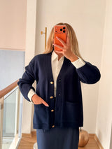 Lacivert Gold Düğmeli Cepli Hırka