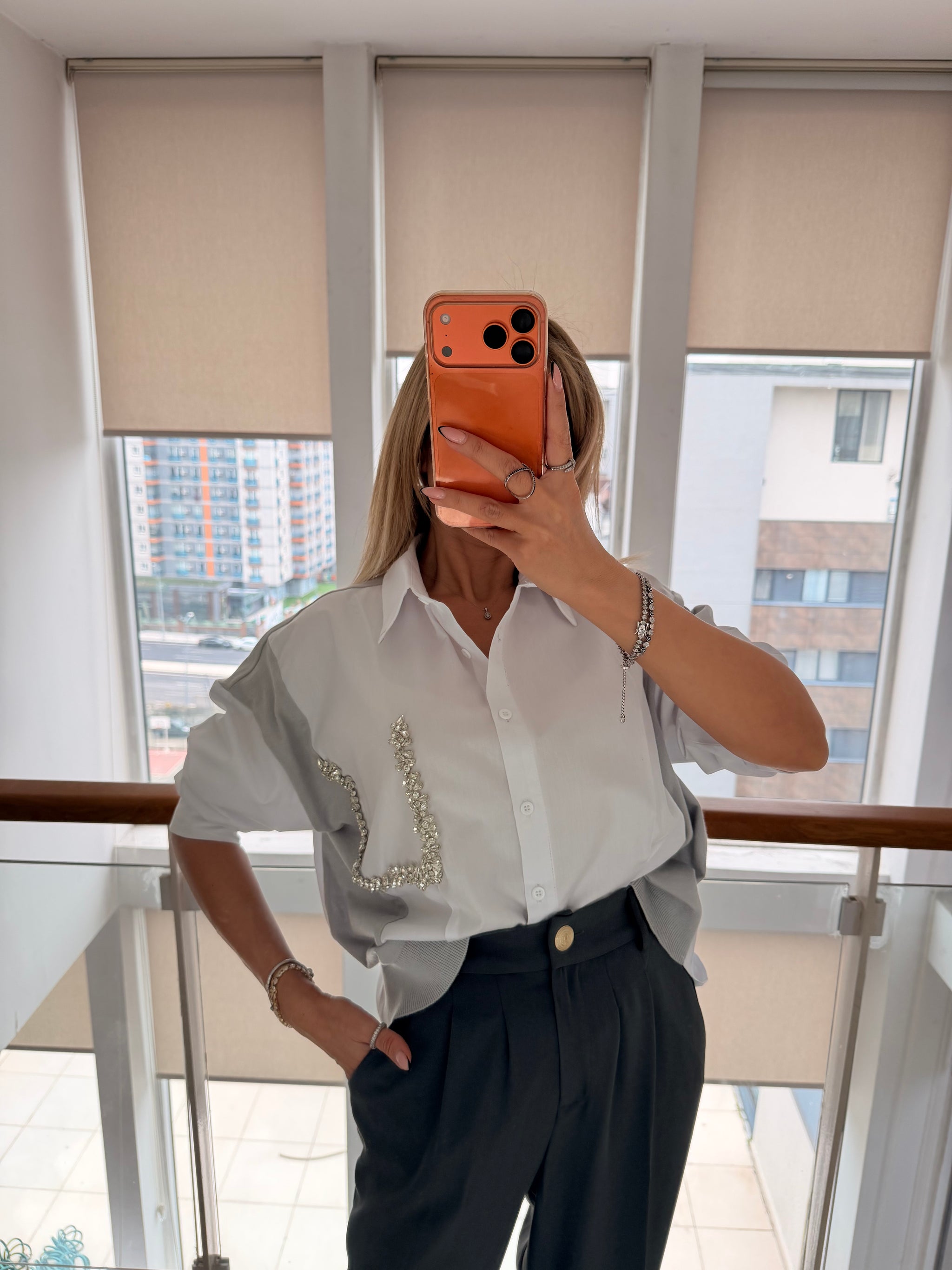 Taş Detaylı Premium Gömlek&Triko Beyaz&Gri