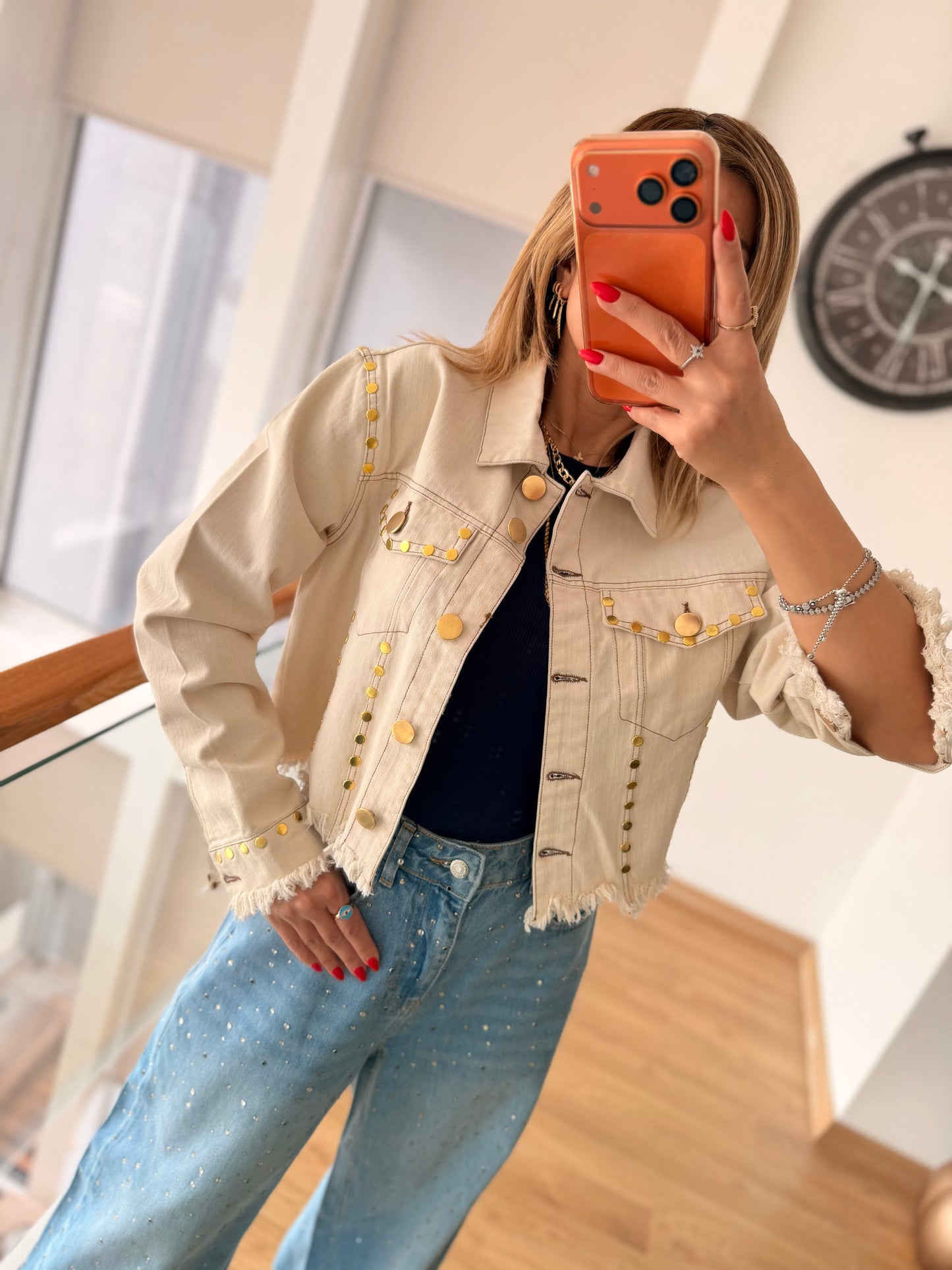 Premium Kısa Jean Ceket Kum Beji